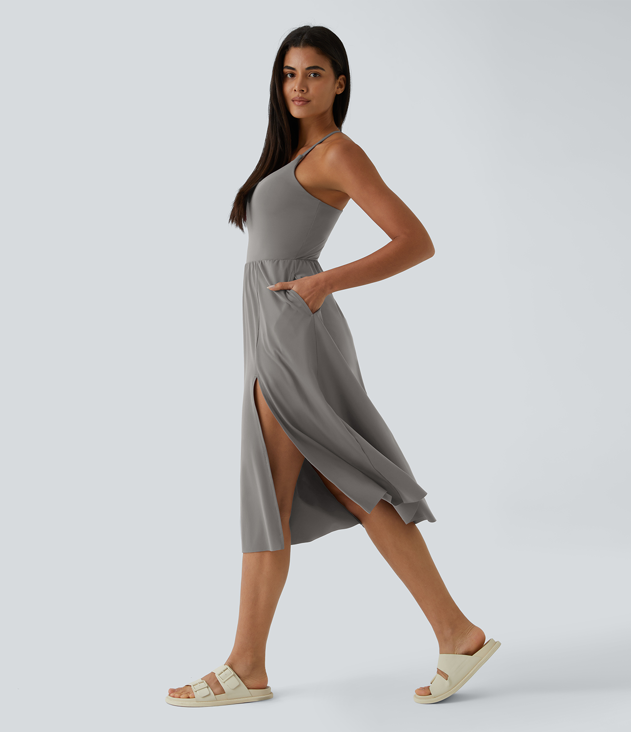 Halara Everyday Midi Chill Dress-La Land Casual Dress - Steeple Gray - XL slip dress beach dress ruched dress halter dress exercise dress 
