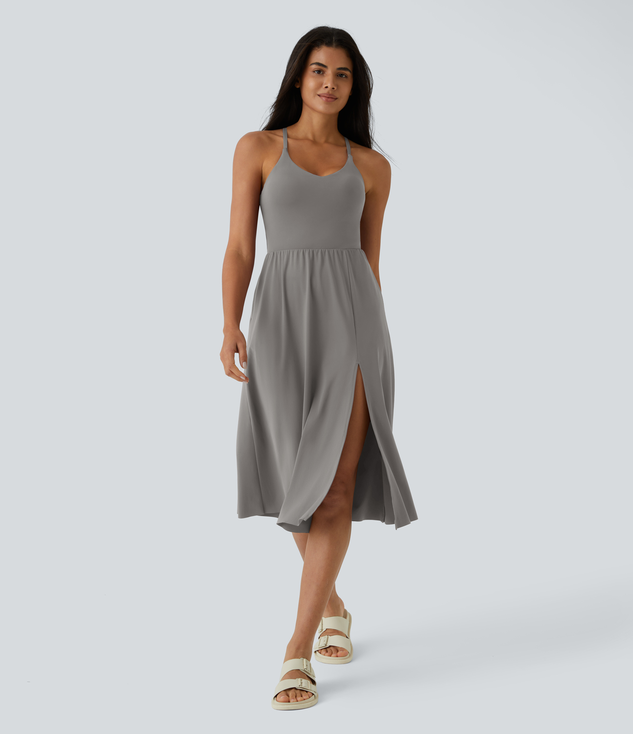 Halara Everyday Midi Chill Dress-La Land Casual Dress - Steeple Gray - XL slip dress beach dress ruched dress halter dress exercise dress 