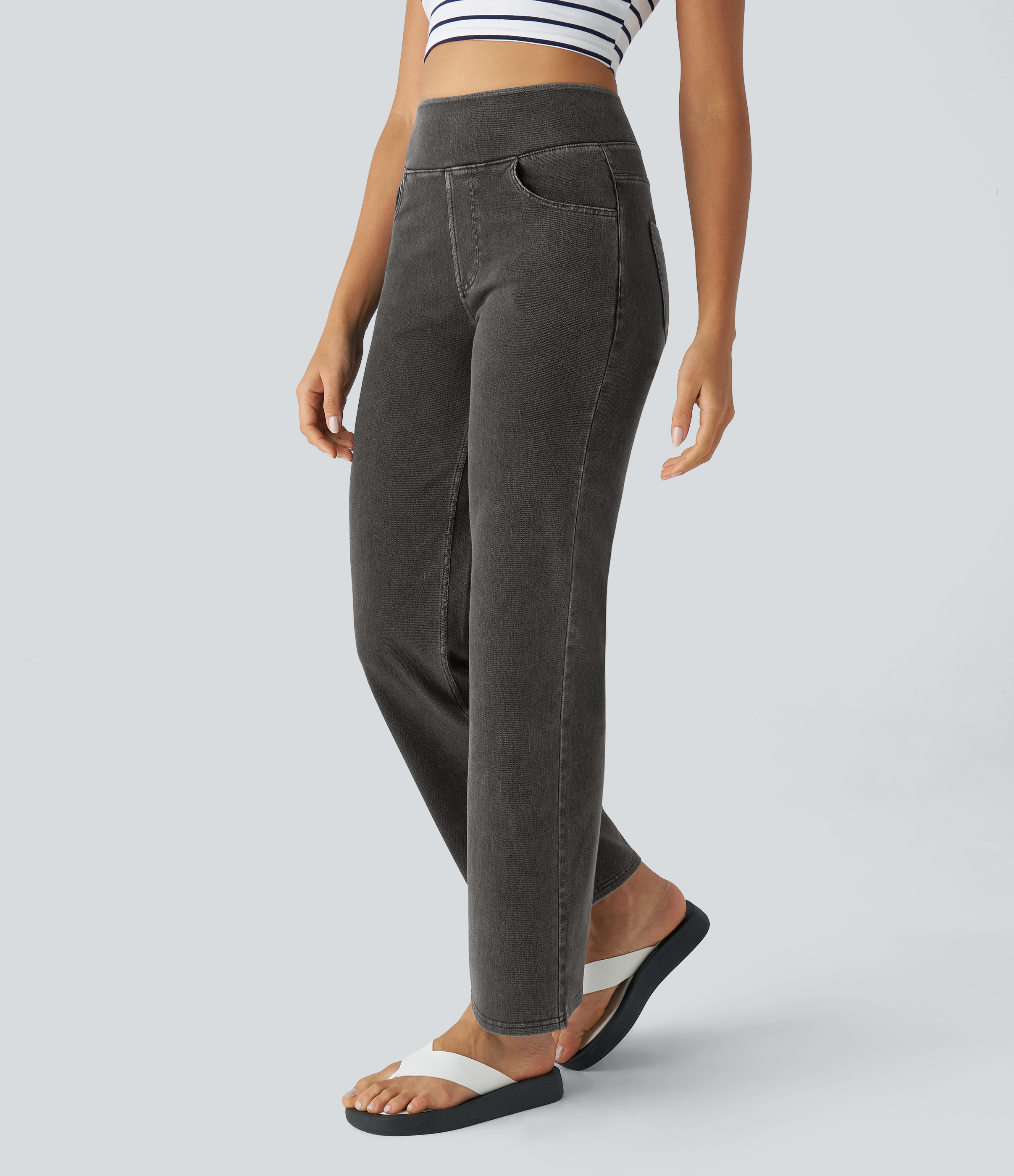Halara HalaraMagicв„ў Jeans High Waisted Multiple Pockets Straight Leg Stretchy Knit Denim Work Pants  - Denim Black - XL(regular) sweatpants 
