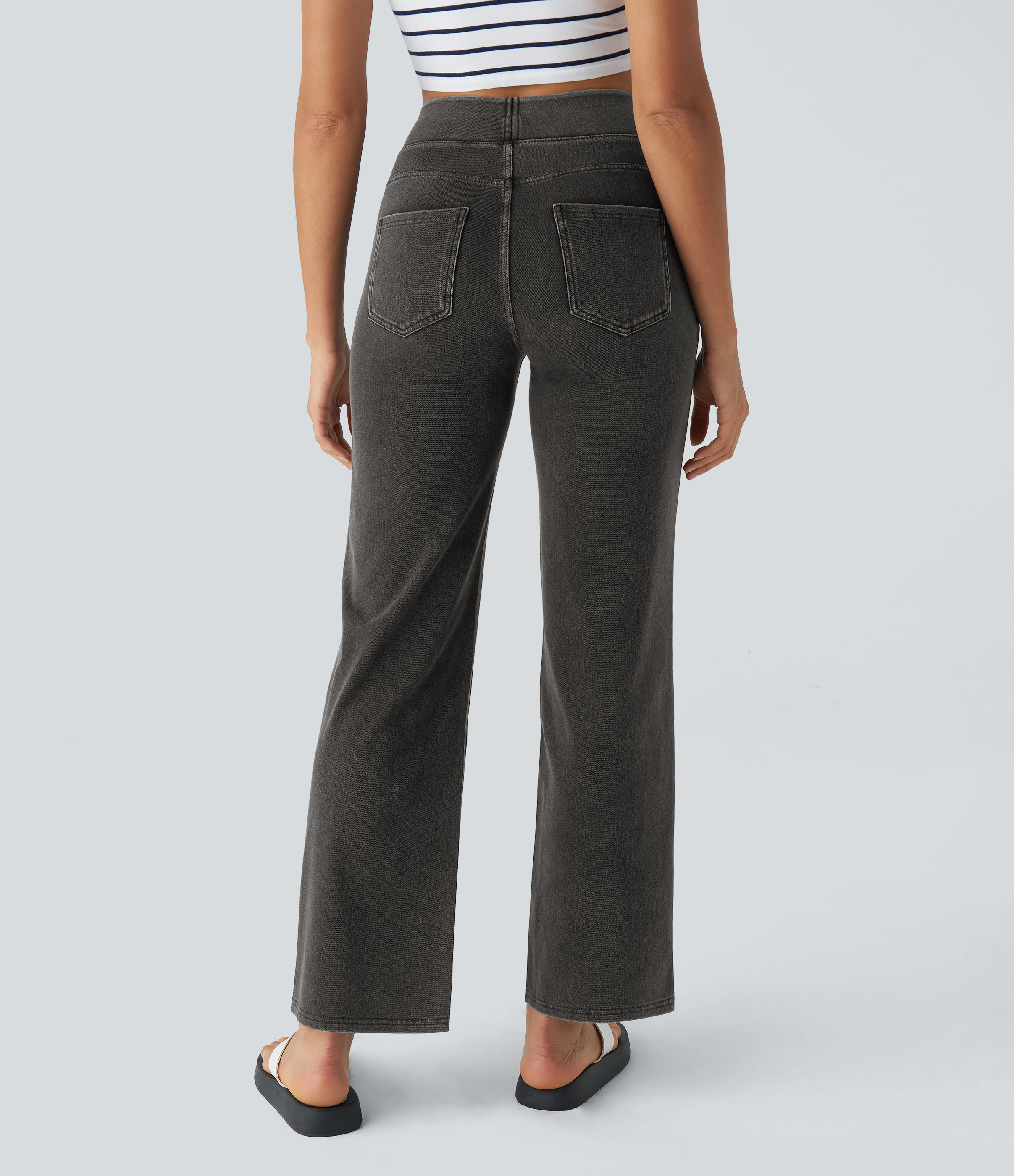 Halara HalaraMagicв„ў Jeans High Waisted Multiple Pockets Straight Leg Stretchy Knit Denim Work Pants  - Denim Black - XL(regular) sweatpants 