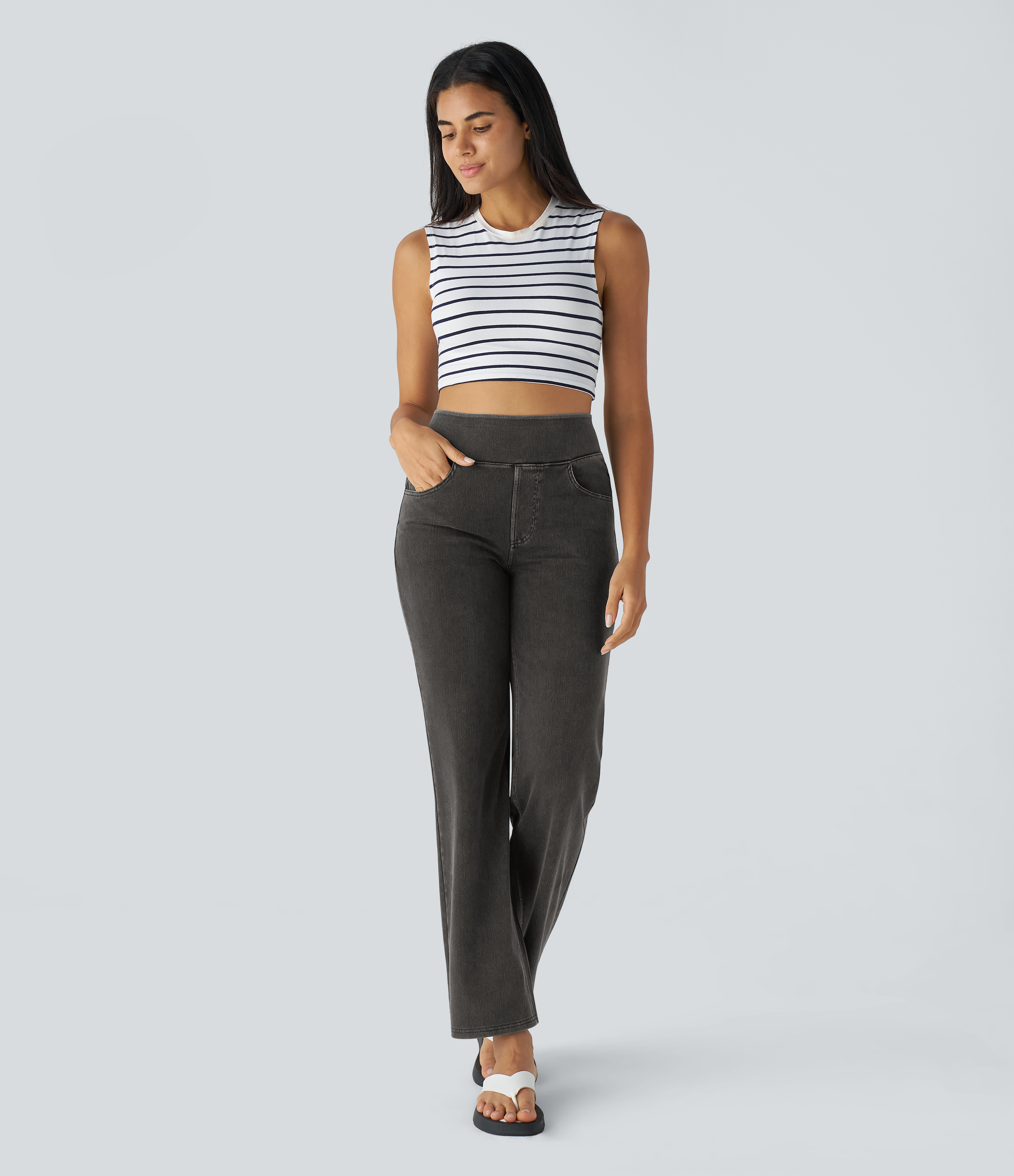 Halara HalaraMagicв„ў Jeans High Waisted Multiple Pockets Straight Leg Stretchy Knit Denim Work Pants  - Denim Black - XL(regular) sweatpants 