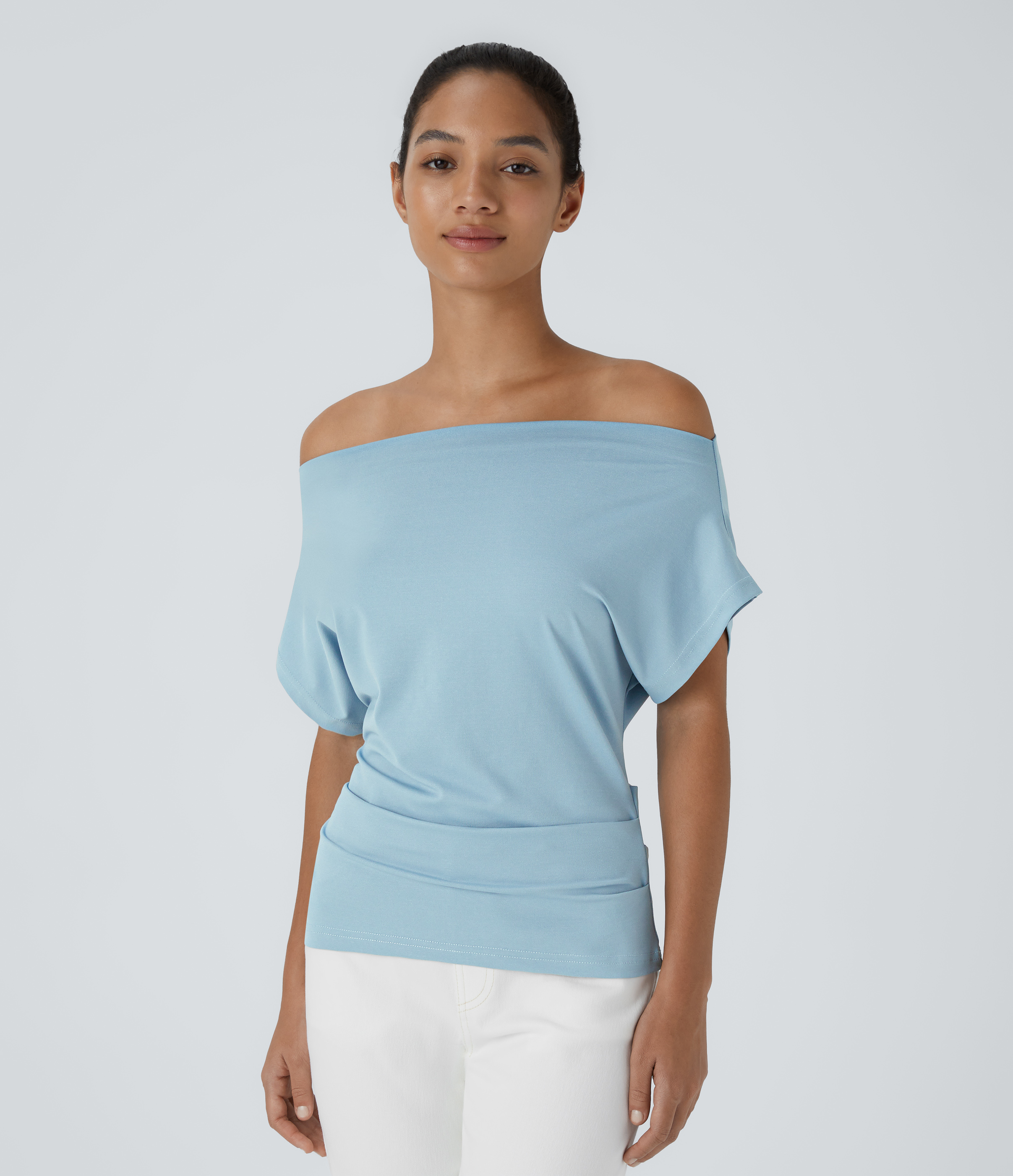 Halara Off Shoulder Short Sleeve Ruched Casual Cotton Top Tank Top - Corydalis Blue - XS golf tops halter top tunic tops sleeveless tops 