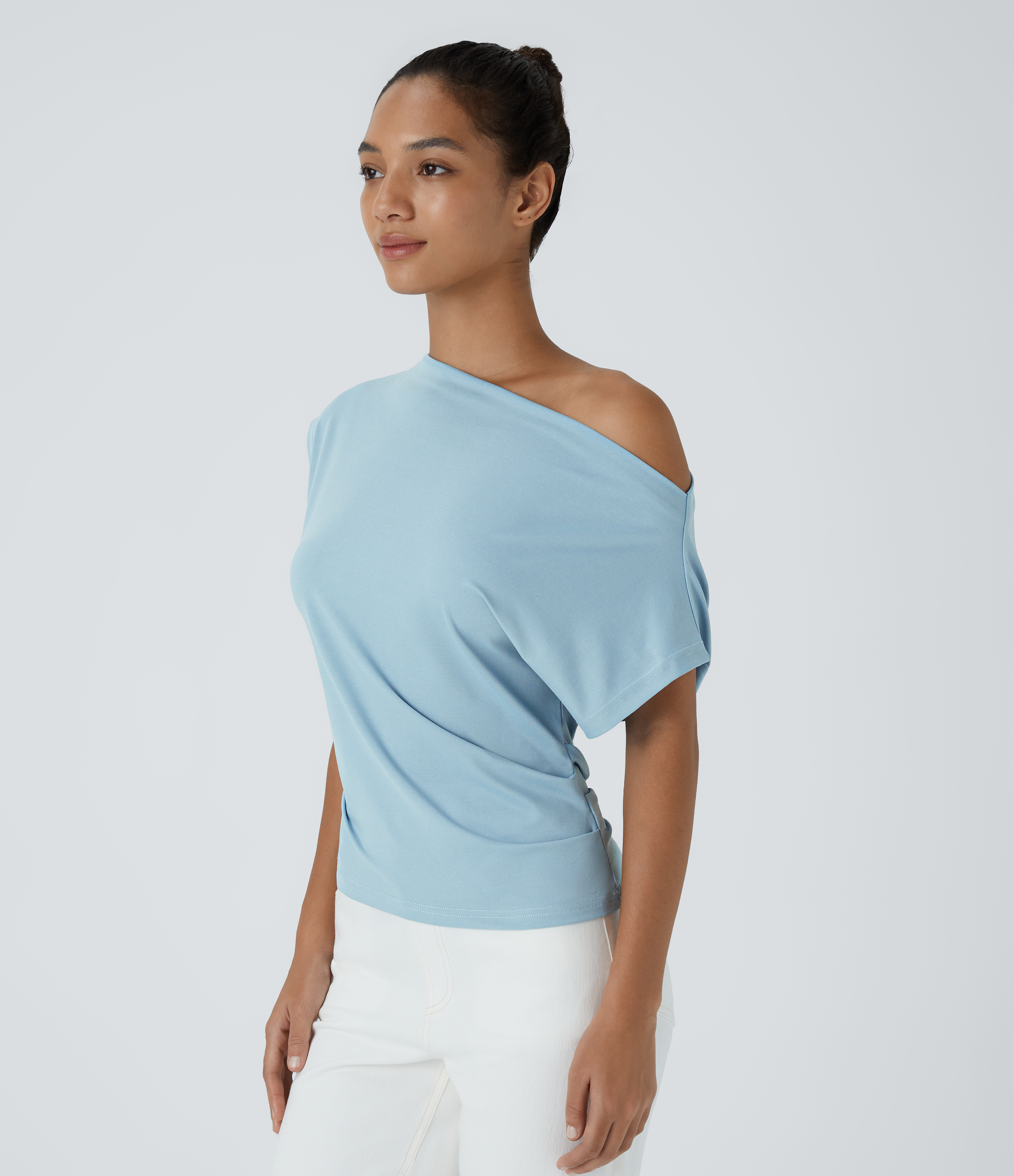 Halara Off Shoulder Short Sleeve Ruched Casual Cotton Top Tank Top - Corydalis Blue - XS golf tops halter top tunic tops sleeveless tops 