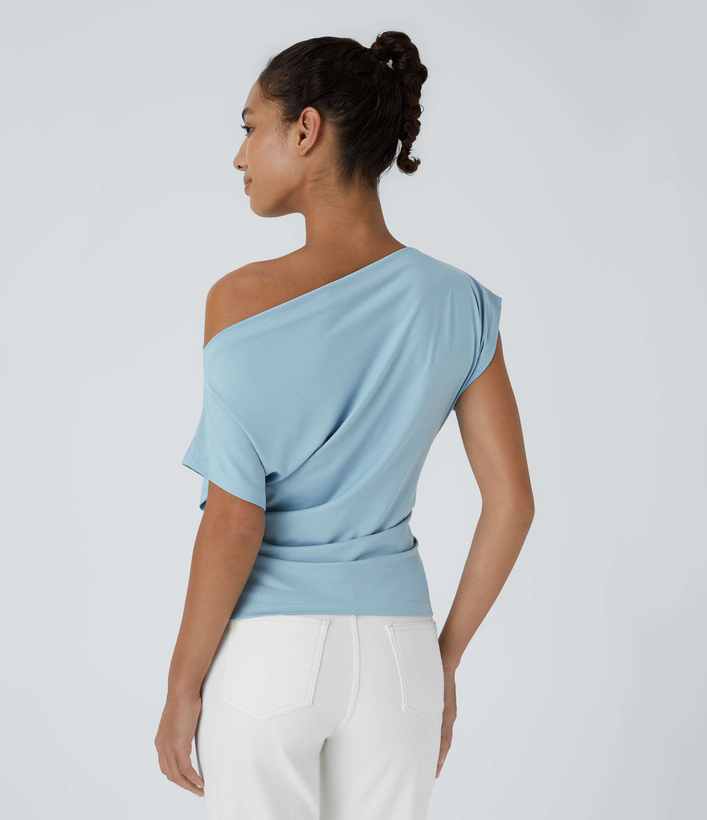 Halara Off Shoulder Short Sleeve Ruched Casual Cotton Top Tank Top - Corydalis Blue - XS golf tops halter top tunic tops sleeveless tops 
