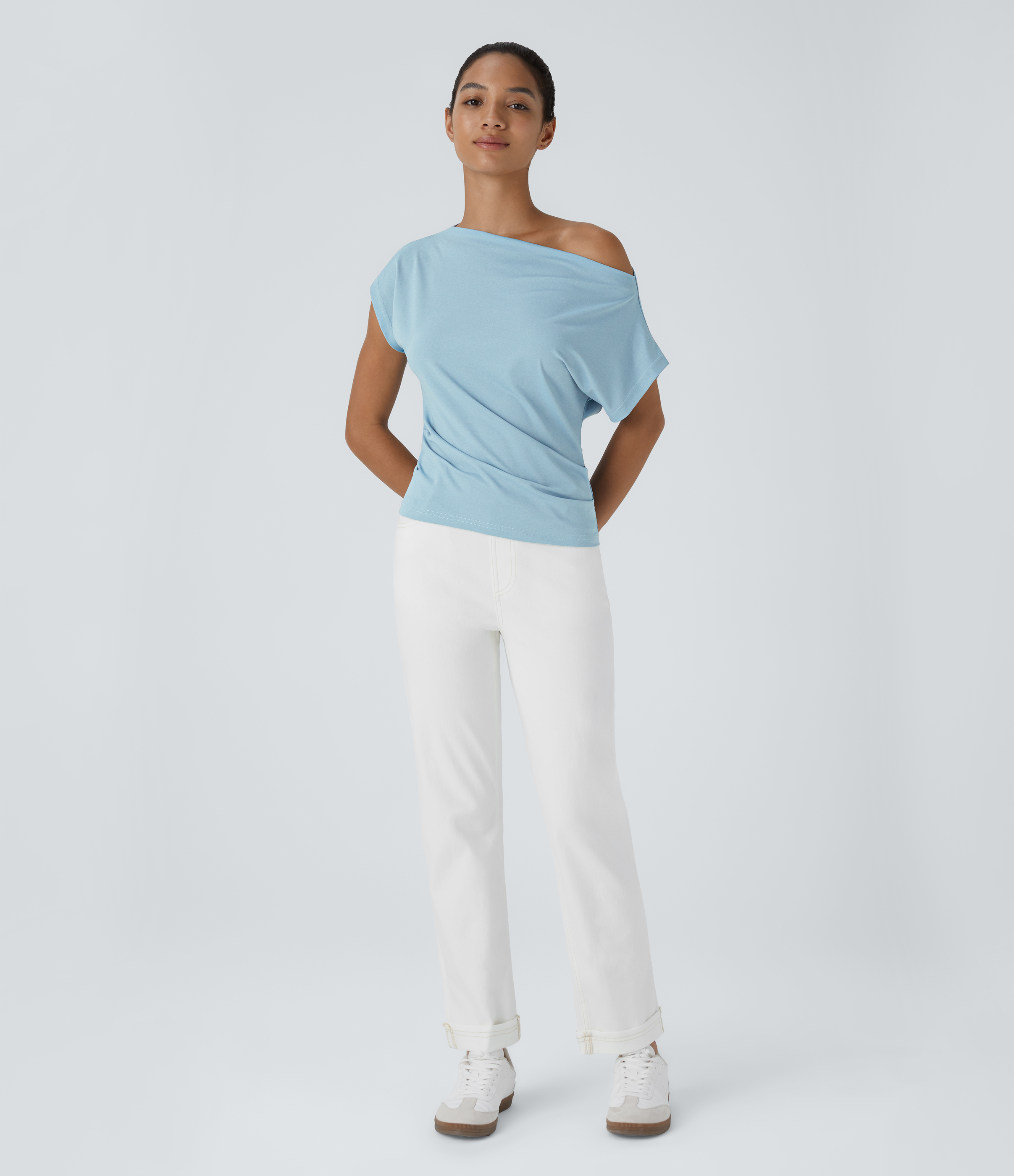 Halara Off Shoulder Short Sleeve Ruched Casual Cotton Top Tank Top - Corydalis Blue - XS golf tops halter top tunic tops sleeveless tops 