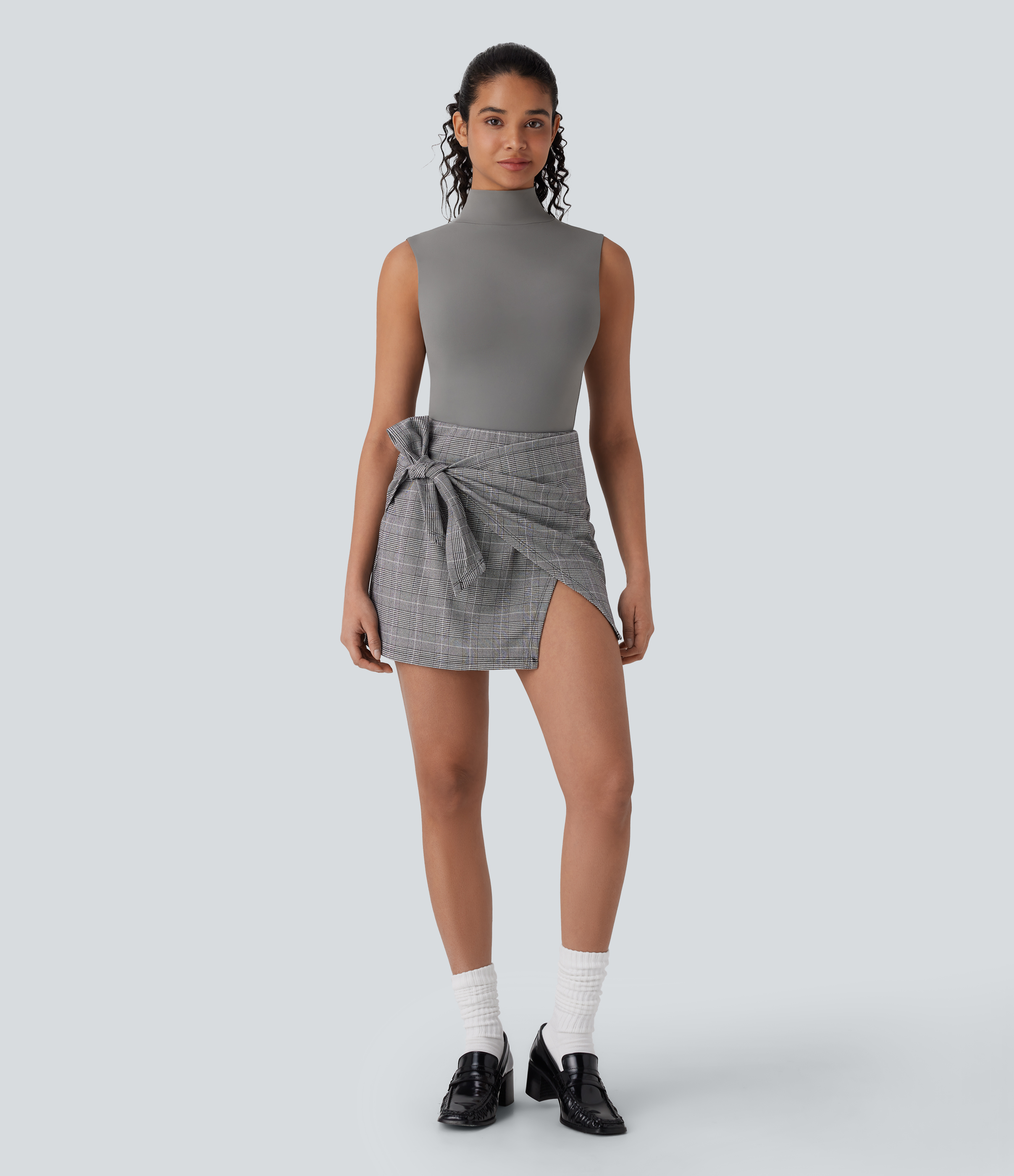 Halara High Waisted Tie Side Invisible Zipper 2-in-1 Houndstooth Mini Work Skirt  - Black And White Houndstooth - XS(regular) 