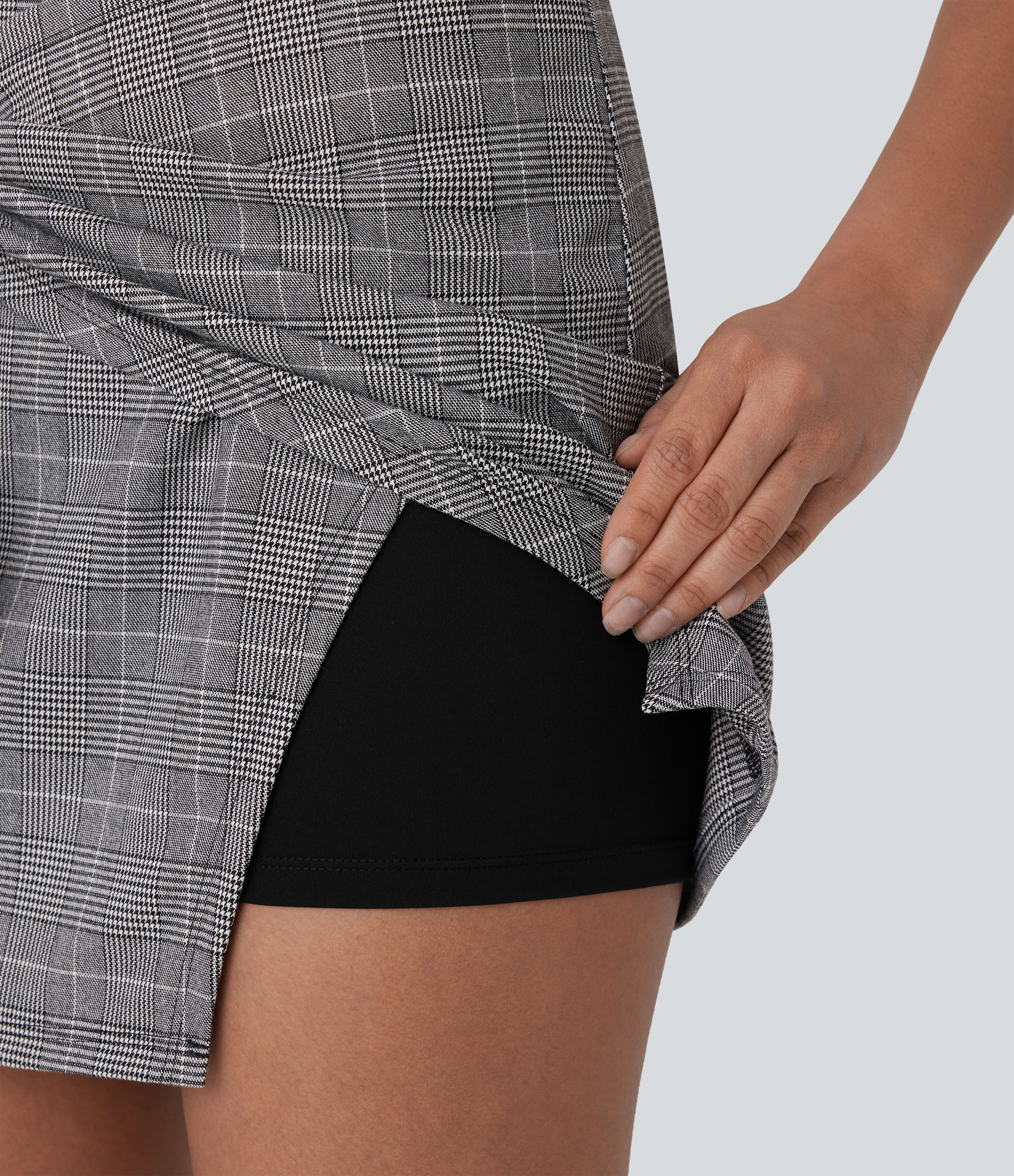 Halara High Waisted Tie Side Invisible Zipper 2-in-1 Houndstooth Mini Work Skirt  - Black And White Houndstooth - XS(regular) 
