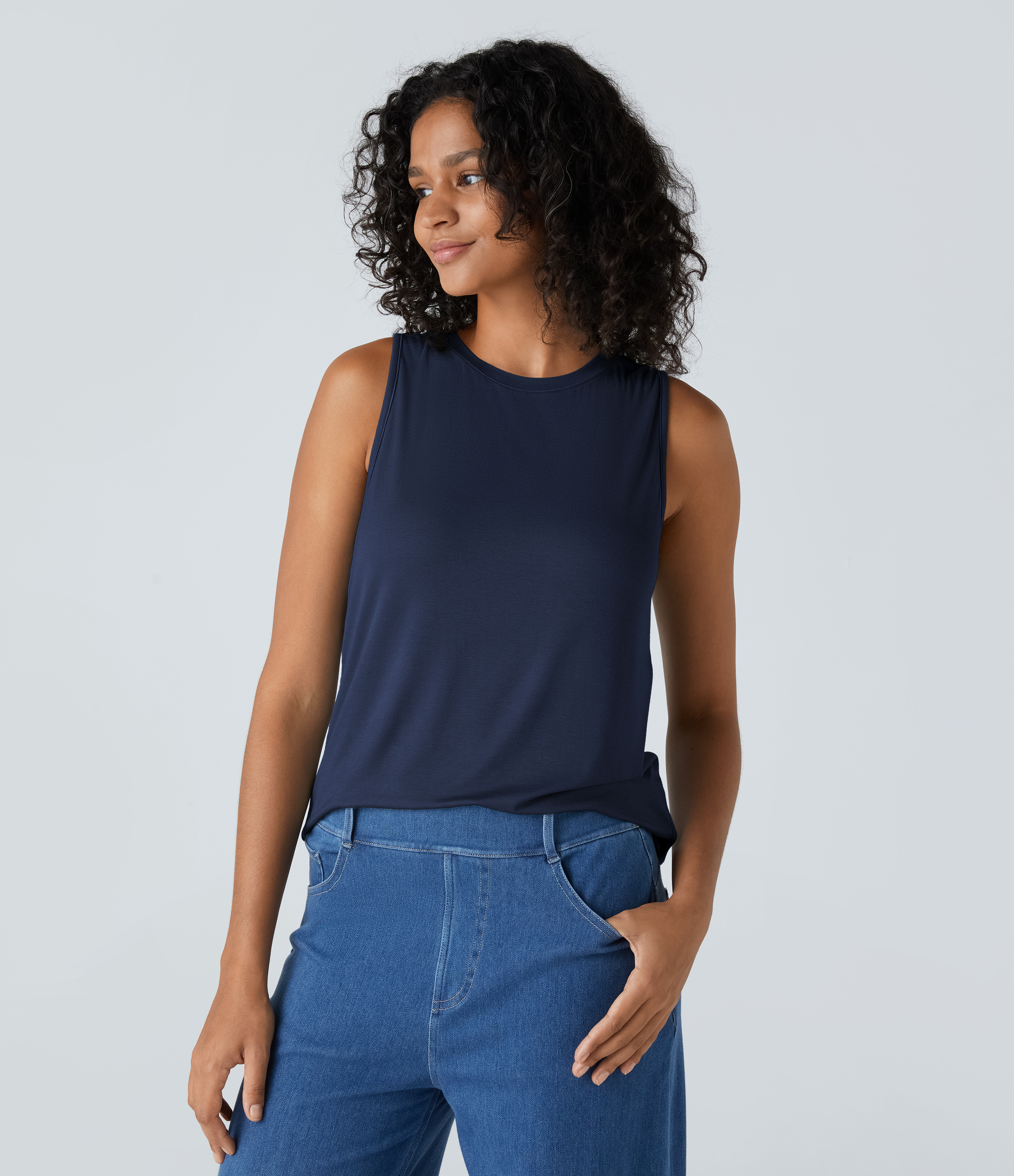 Halara Ribbed Round Neck Basic Casual Tank Top Tank Top - Nightfall Blue - L golf tops halter top tunic tops sleeveless tops backless top 