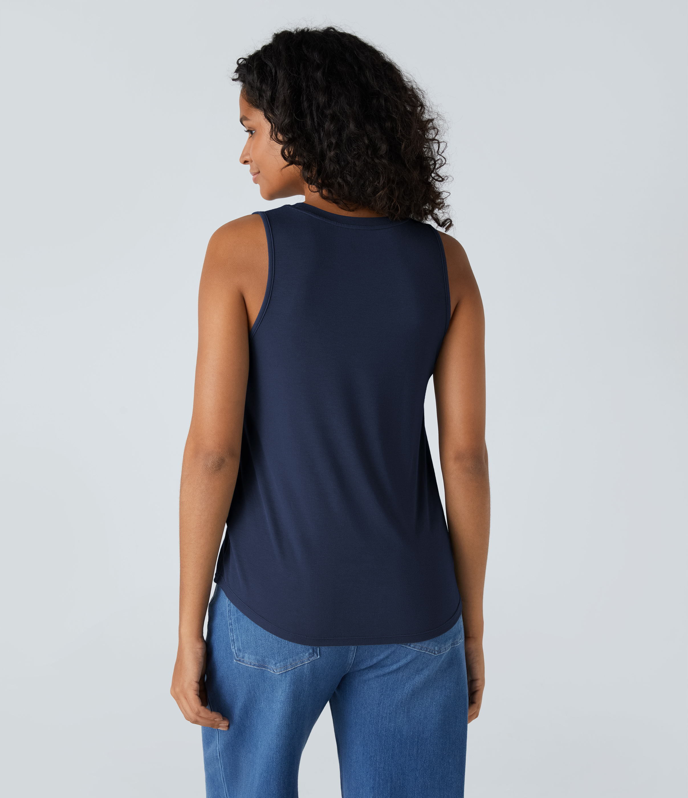 Halara Ribbed Round Neck Basic Casual Tank Top Tank Top - Nightfall Blue - L golf tops halter top tunic tops sleeveless tops backless top 