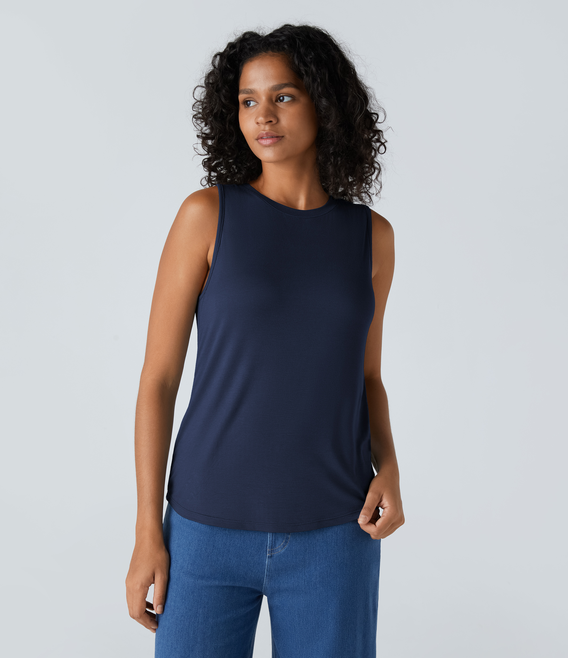 Halara Ribbed Round Neck Basic Casual Tank Top Tank Top - Nightfall Blue - L golf tops halter top tunic tops sleeveless tops backless top 