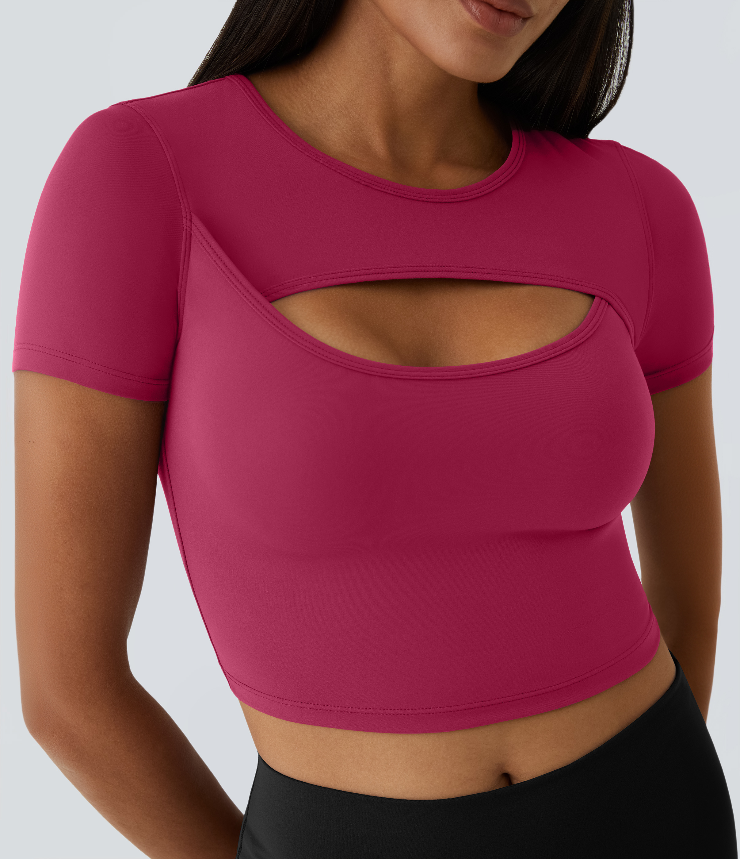 Halara Cloudfulв„ў Fabric Round Neck Cut Out Short Sleeve Cropped Barre Ballet Dance Sports Top  - Cherries Jubilee - S 