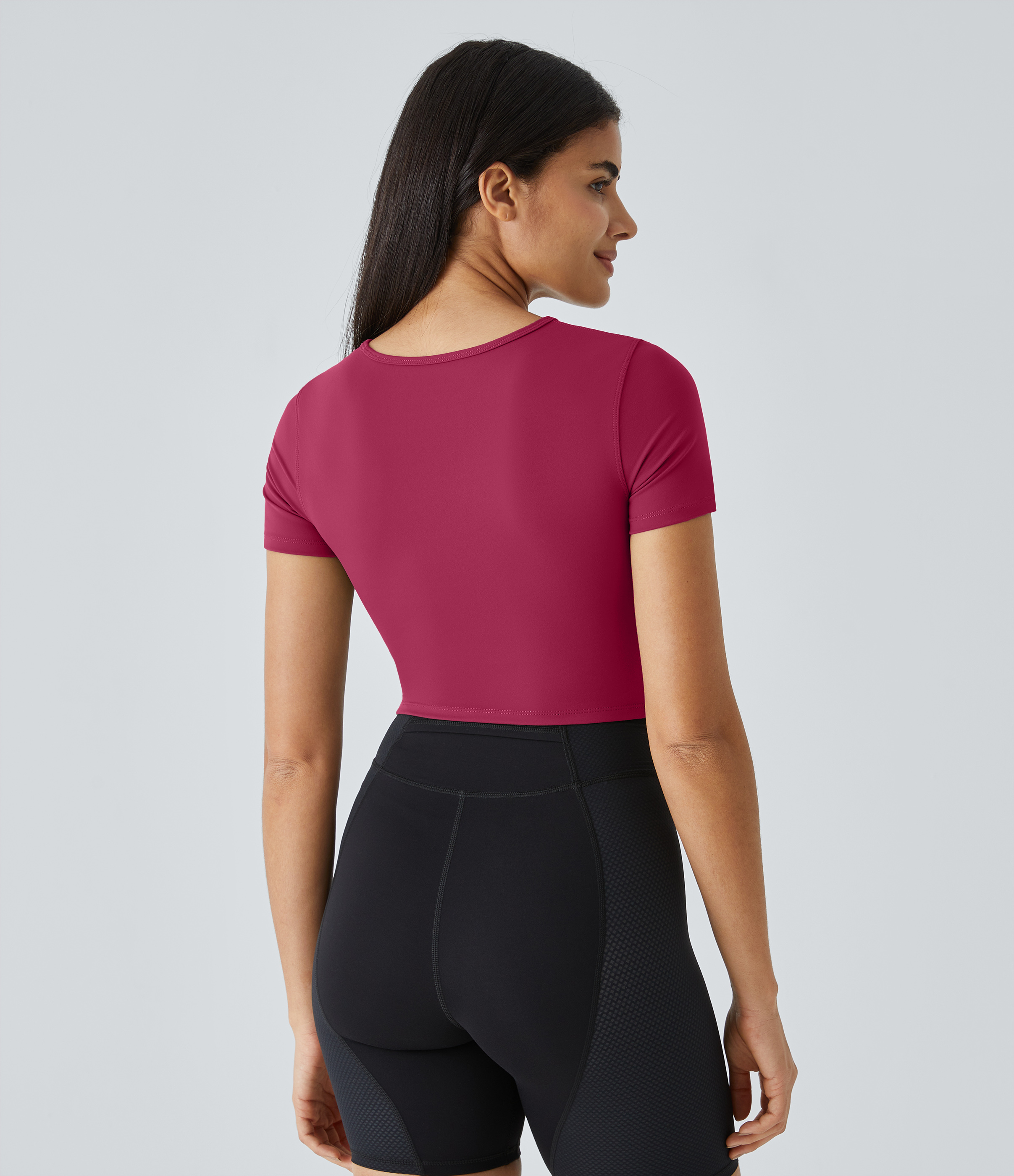 Halara Cloudfulв„ў Fabric Round Neck Cut Out Short Sleeve Cropped Barre Ballet Dance Sports Top  - Cherries Jubilee - S 