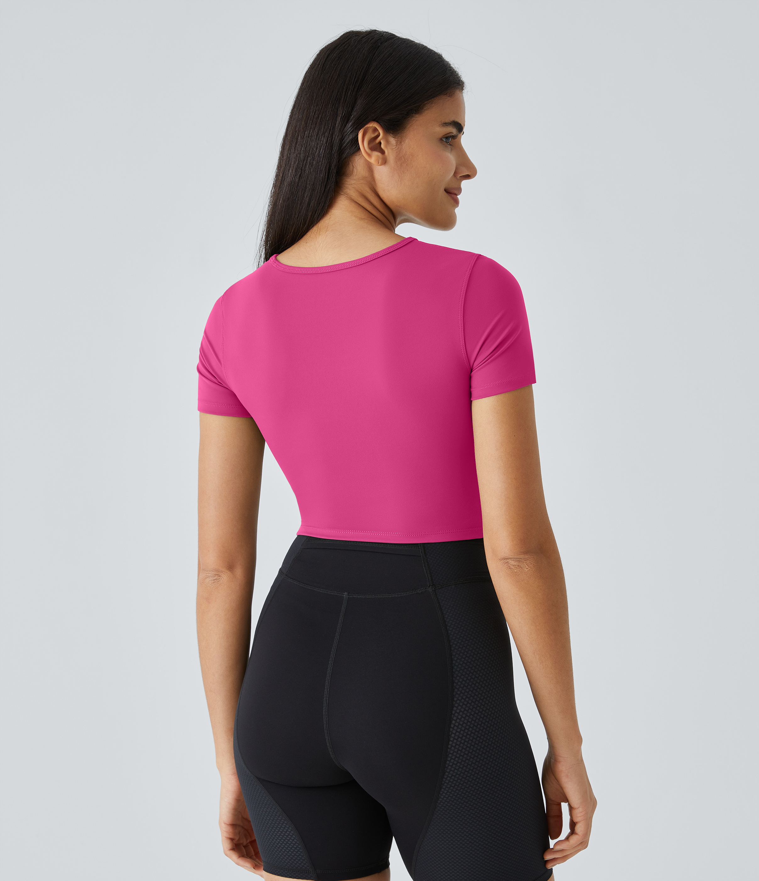 Halara Cloudfulв„ў Fabric Round Neck Cut Out Short Sleeve Cropped Barre Ballet Dance Sports Top  - Fuchsia Purple - XS 