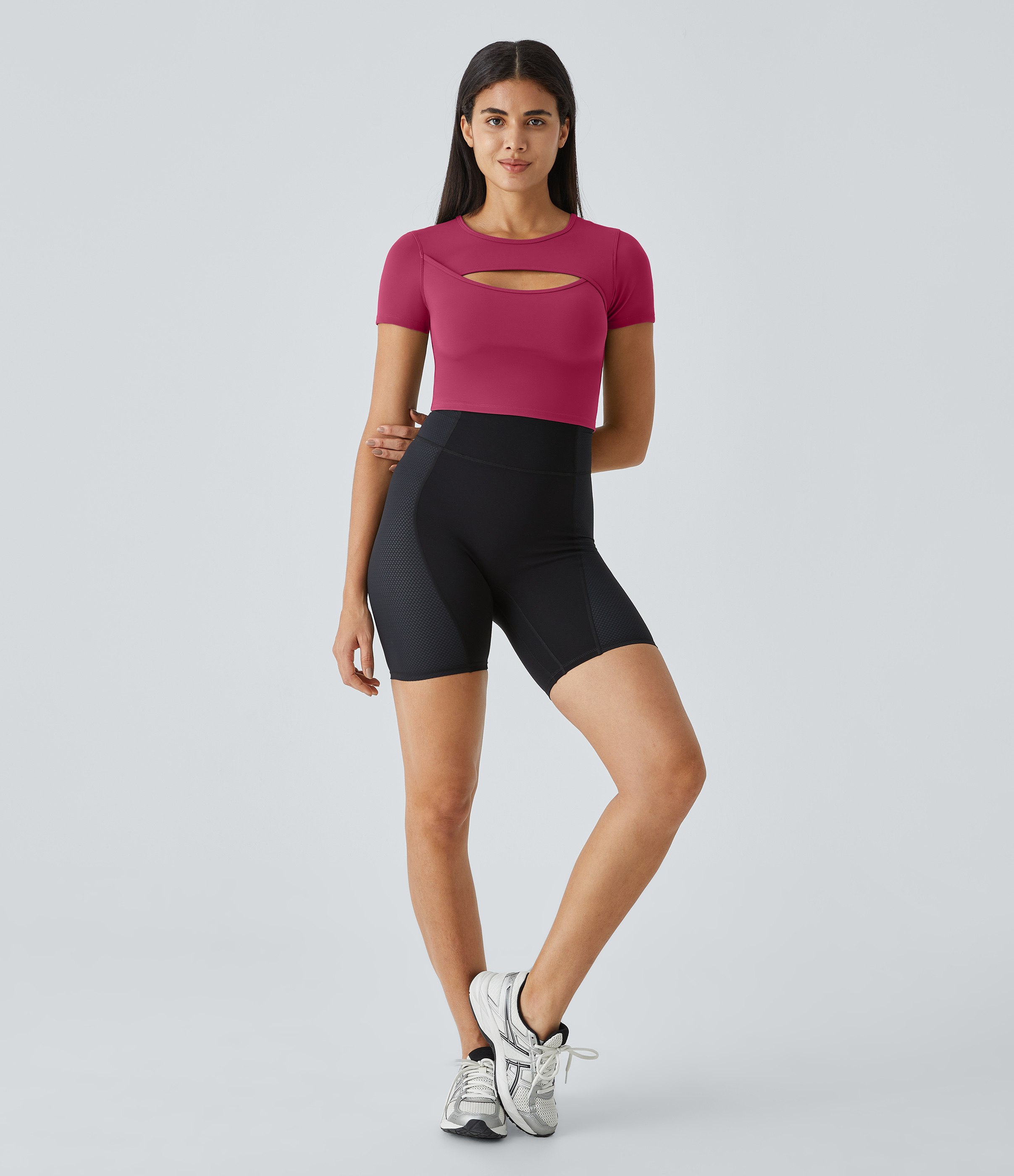Halara Cloudfulв„ў Fabric Round Neck Cut Out Short Sleeve Cropped Barre Ballet Dance Sports Top  - Cherries Jubilee - S 