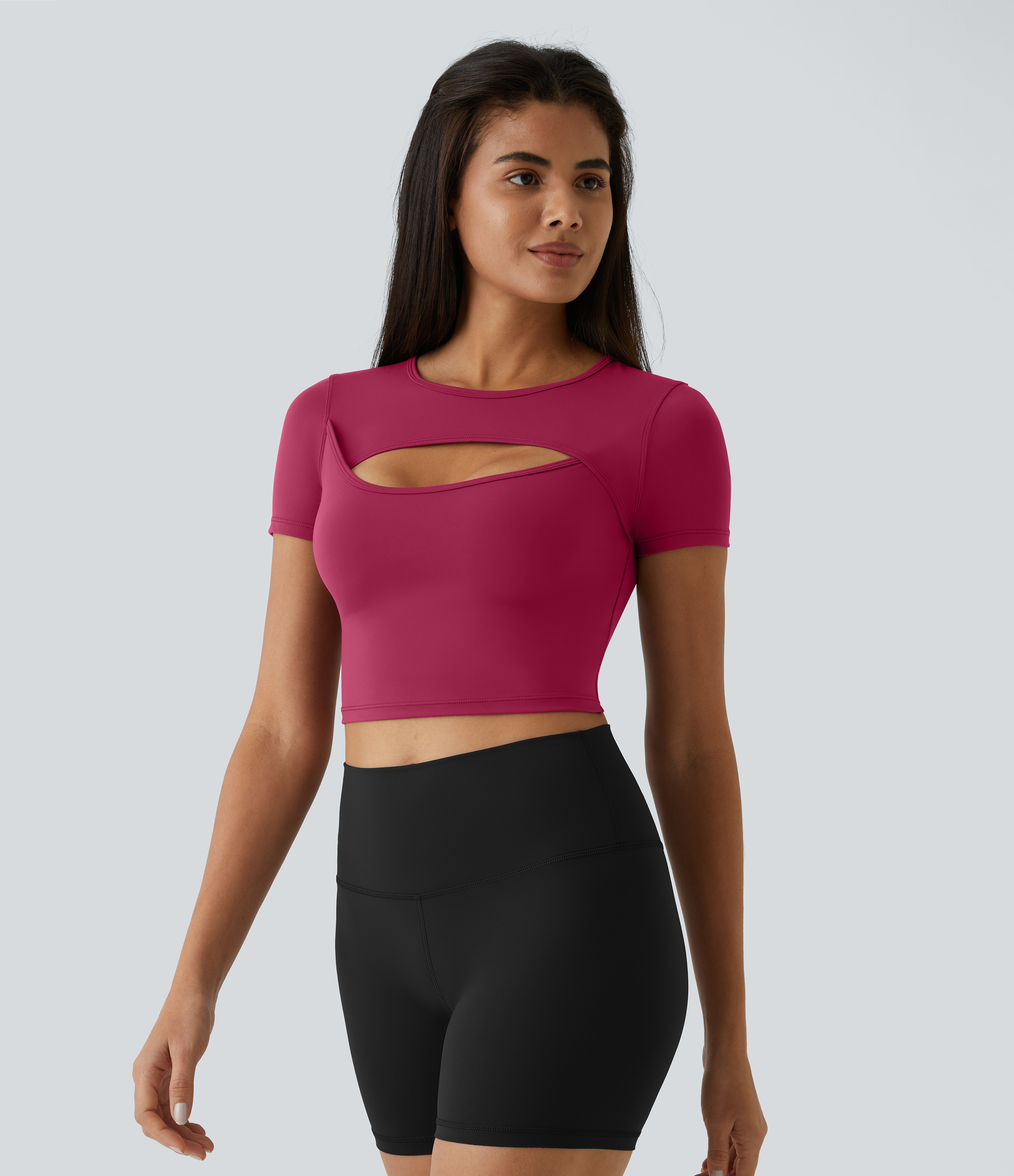 Halara Cloudfulв„ў Fabric Round Neck Cut Out Short Sleeve Cropped Barre Ballet Dance Sports Top  - Cherries Jubilee - S 