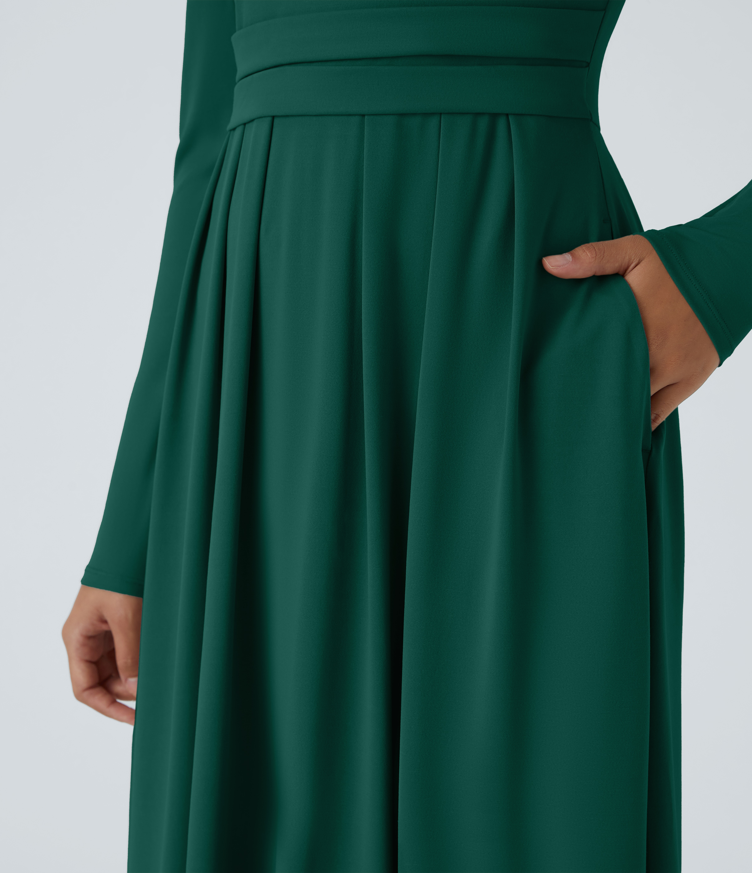 Halara Stand Collar Long Sleeve Side Pocket Flare Maxi Casual Dress Casual Dress - Rain Forest - M slip dress beach dress ruched dress 