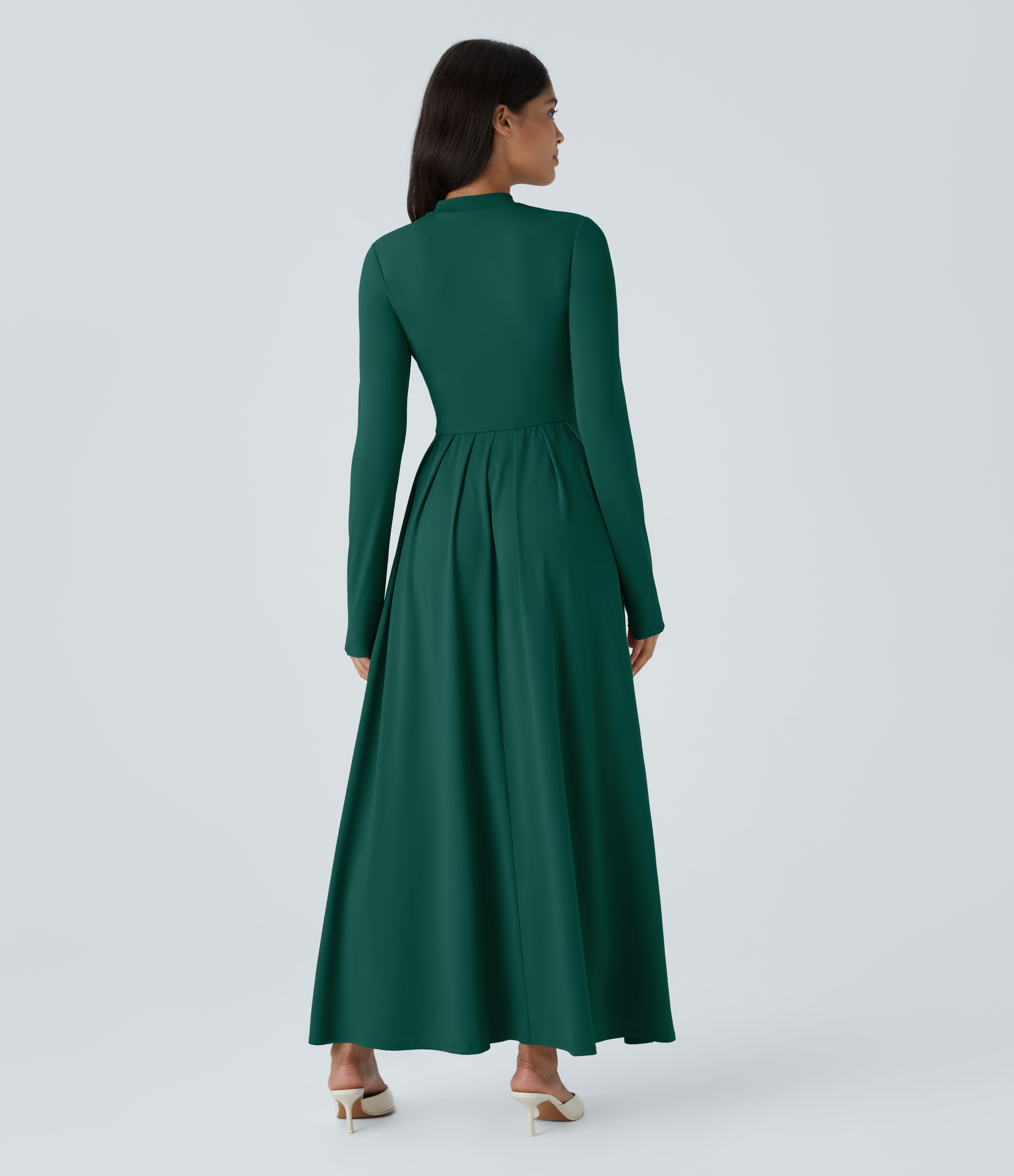 Halara Stand Collar Long Sleeve Side Pocket Flare Maxi Casual Dress Casual Dress - Rain Forest - M slip dress beach dress ruched dress 