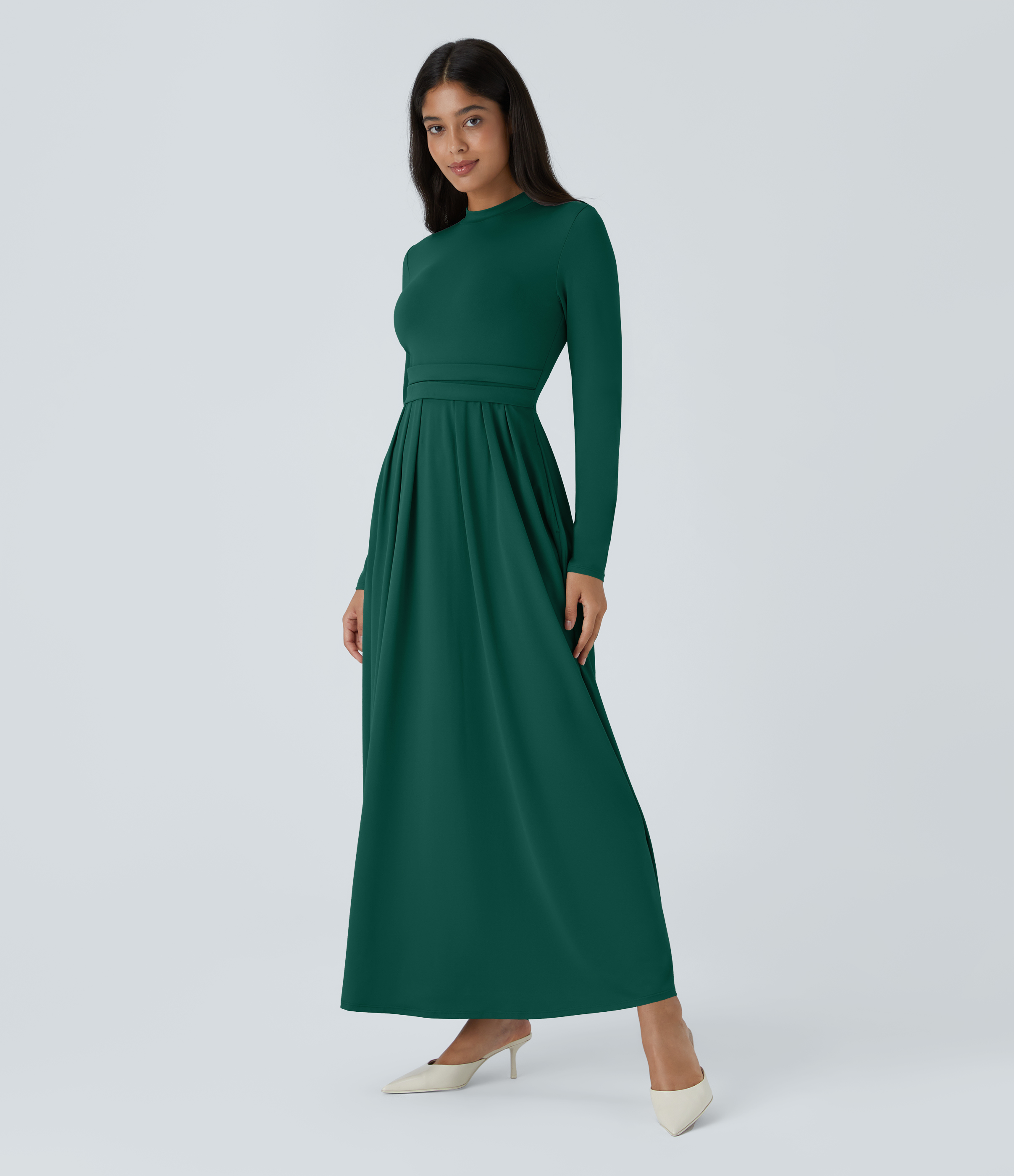 Halara Stand Collar Long Sleeve Side Pocket Flare Maxi Casual Dress Casual Dress - Rain Forest - M slip dress beach dress ruched dress 