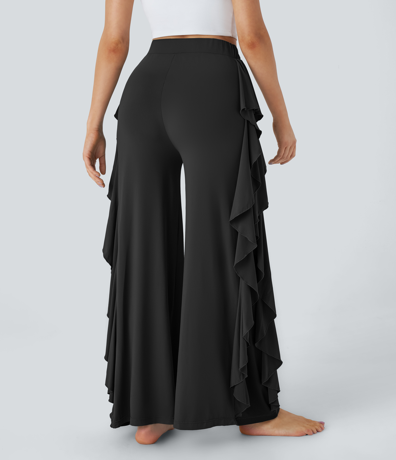 

Halara High Waisted Ruffle Trim Contrast Mesh Flowy Wide Leg Dance Pants - Black