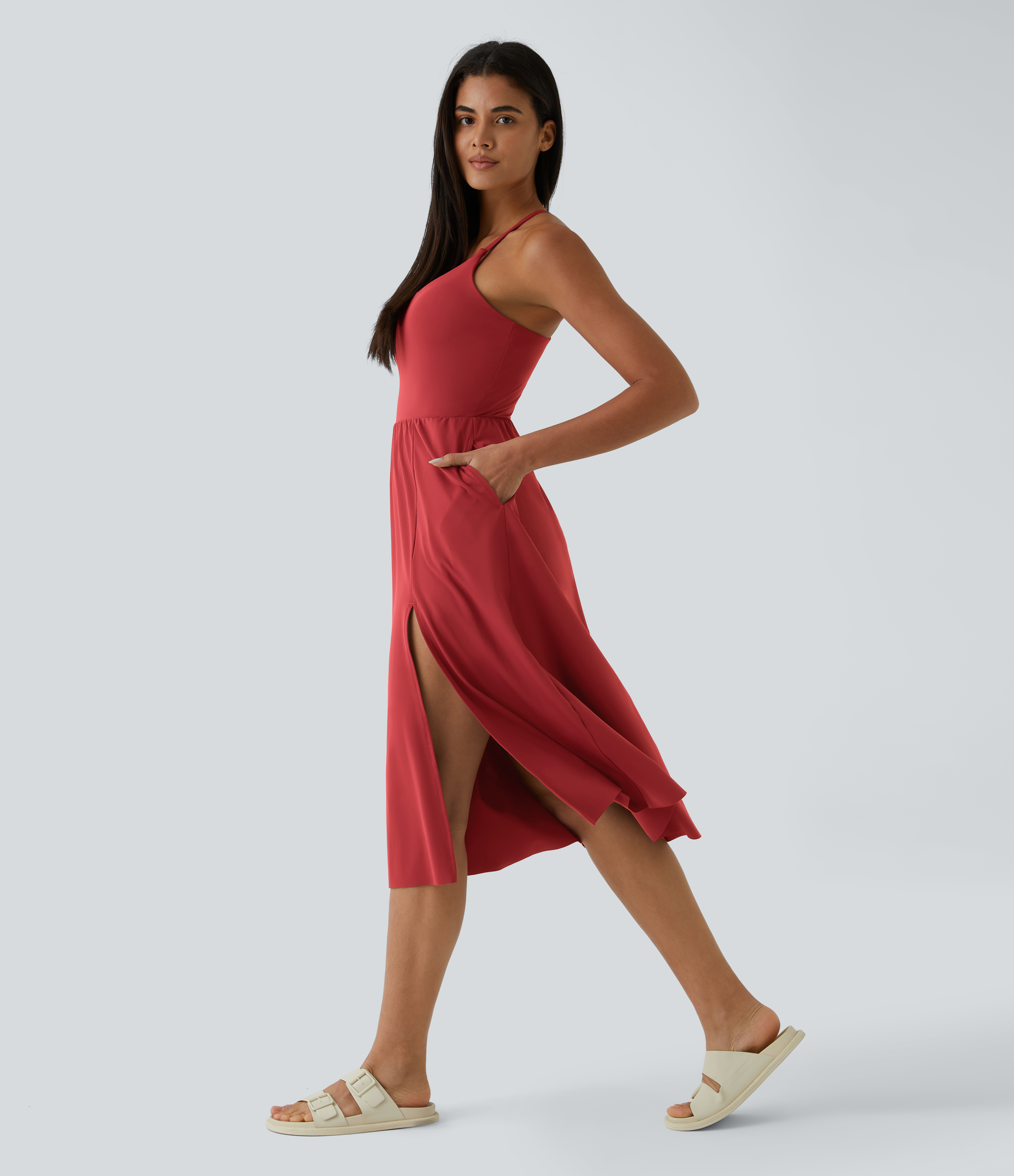 Halara Everyday Midi Chill Dress-La Land Casual Dress - Salsa - XL slip dress beach dress ruched dress halter dress exercise dress 