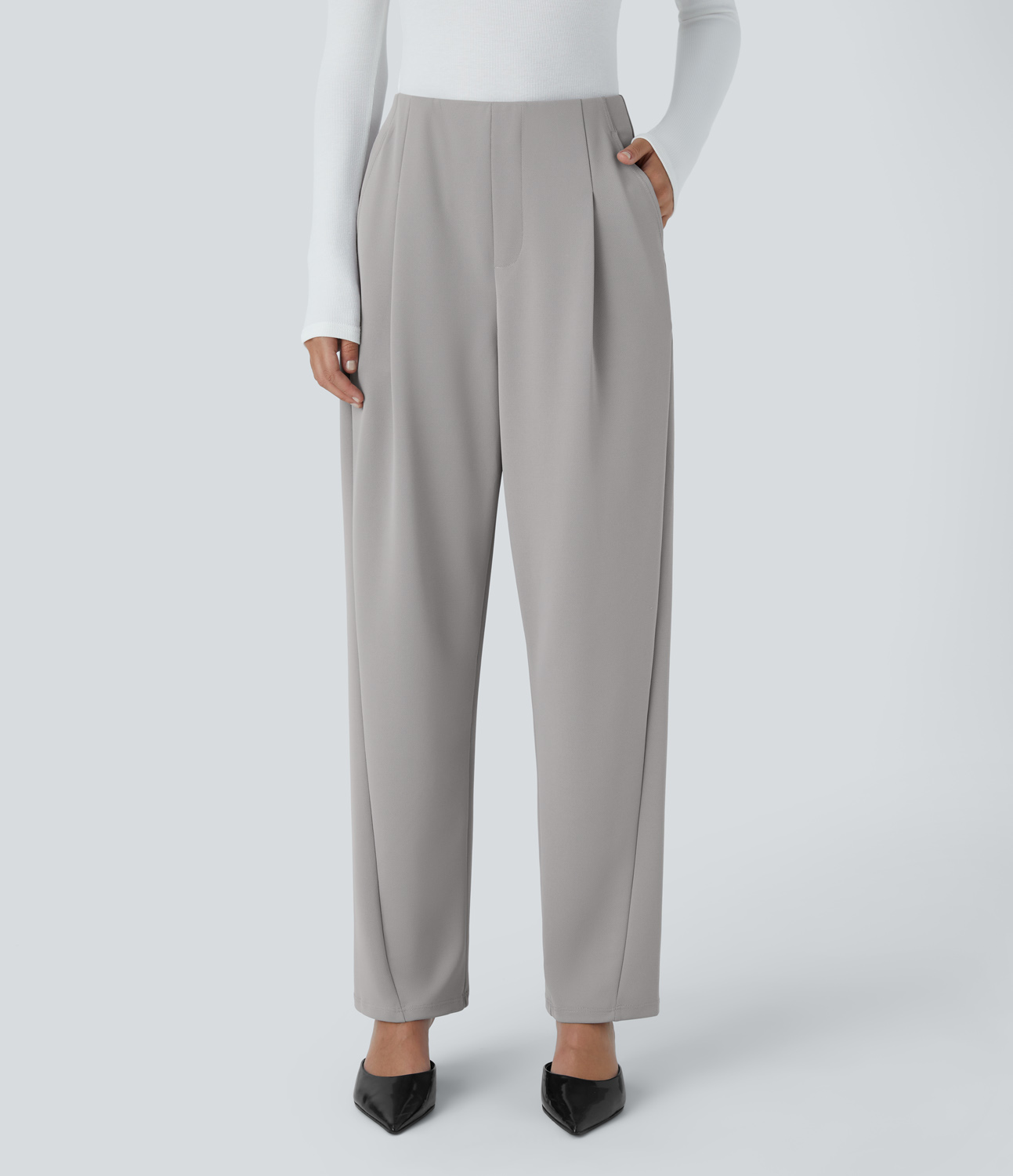 Halara High Waisted Plicated Side Pocket Barrel Leg Crepe Casual Pants  - Paloma - S(regular) sweatpants jogger pants stacked sweatpants 