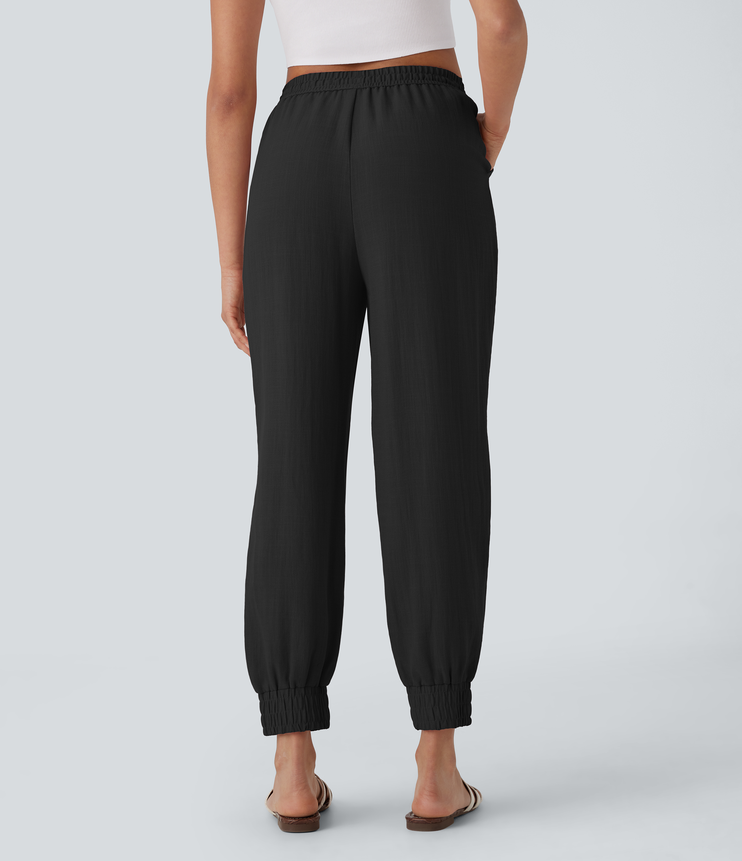 Halara High Waisted Drawstring Side Pocket Casual Linen-Feel Joggers  - Black - M(regular) sweatpants jogger pants stacked sweatpants 