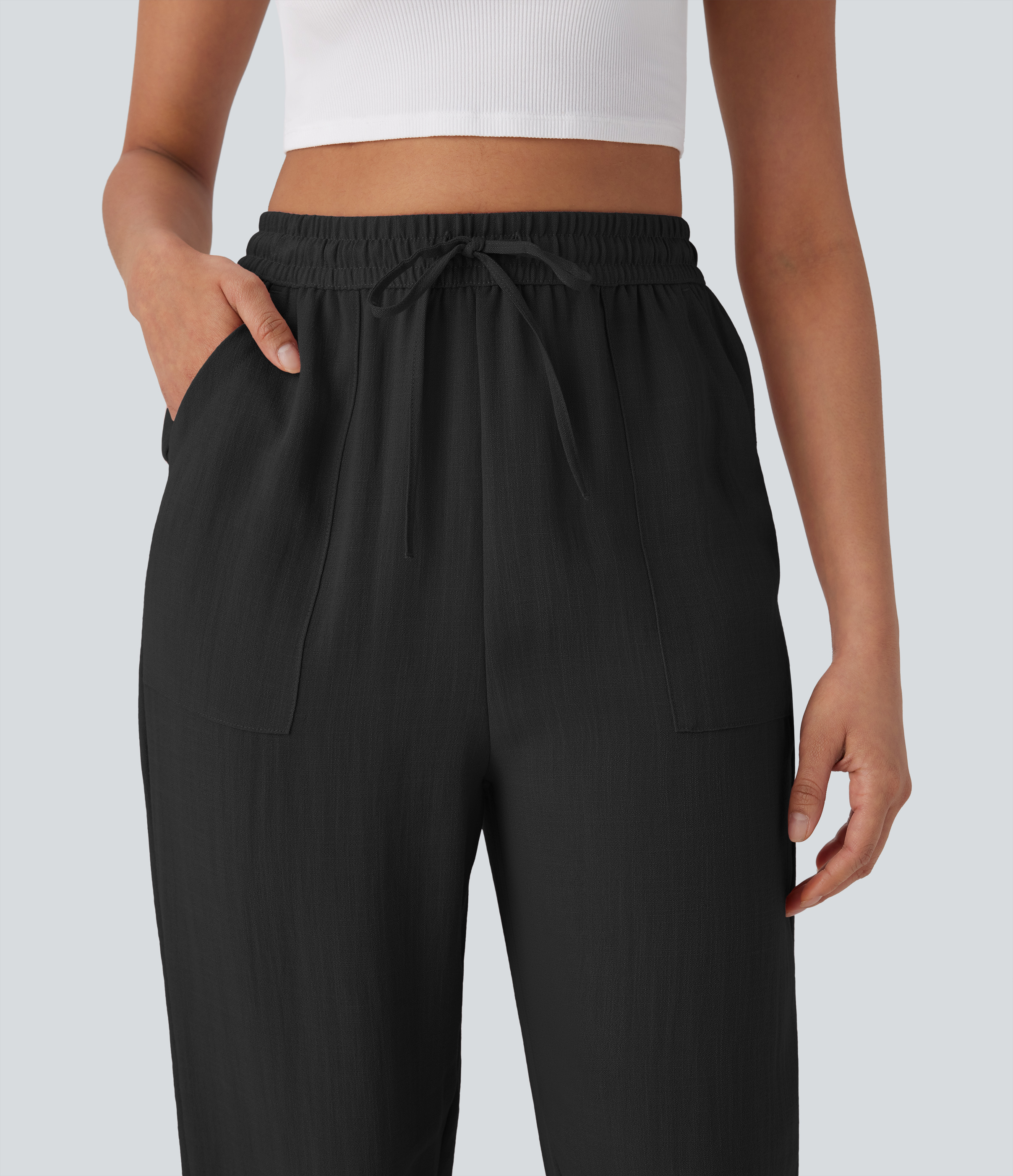 Halara High Waisted Drawstring Side Pocket Casual Linen-Feel Joggers  - Black - M(regular) sweatpants jogger pants stacked sweatpants 