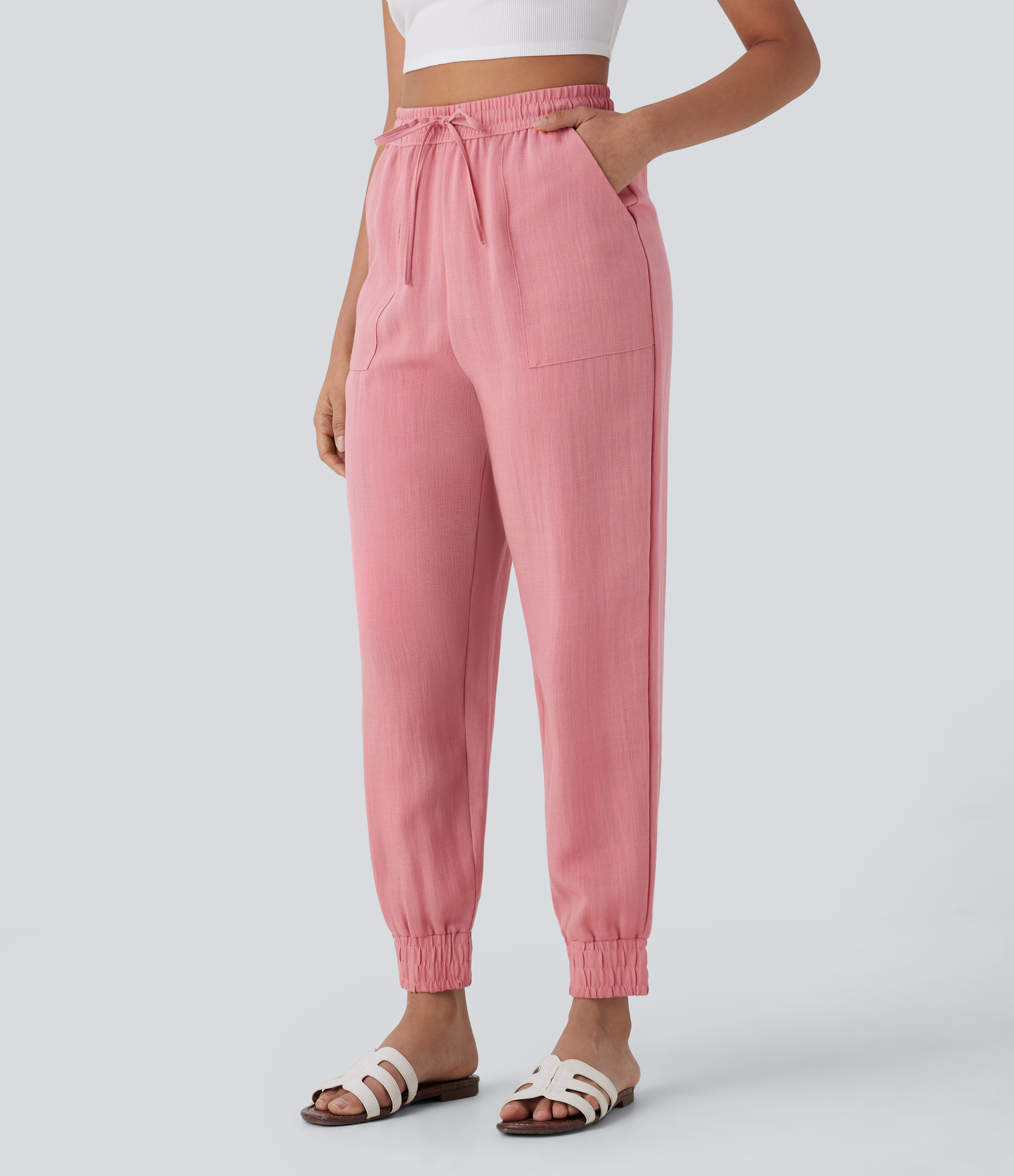 Halara High Waisted Drawstring Side Pocket Casual Linen-Feel Joggers  - Rosette - S(regular) sweatpants jogger pants stacked sweatpants 