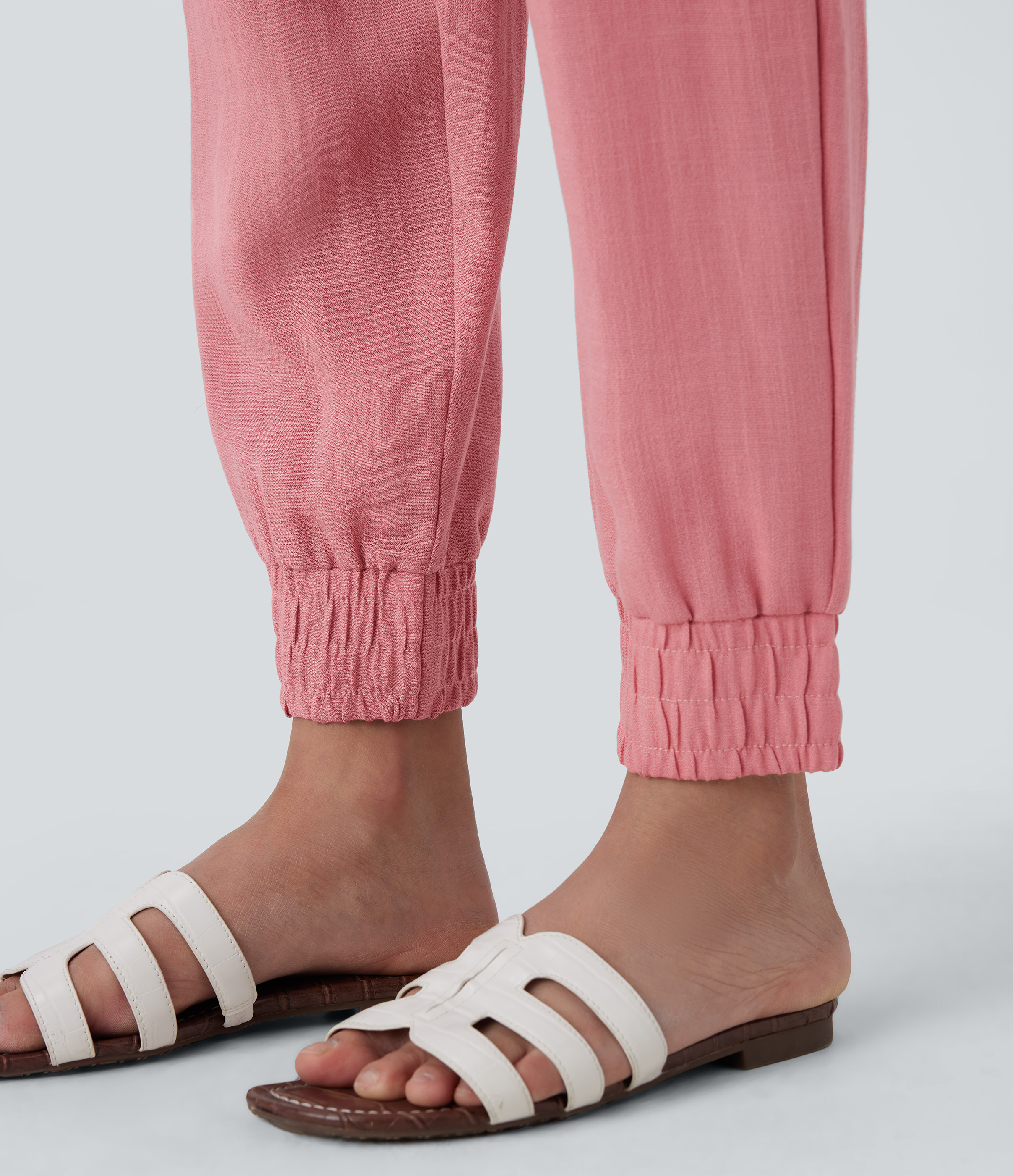 Halara High Waisted Drawstring Side Pocket Casual Linen-Feel Joggers  - Rosette - S(regular) sweatpants jogger pants stacked sweatpants 