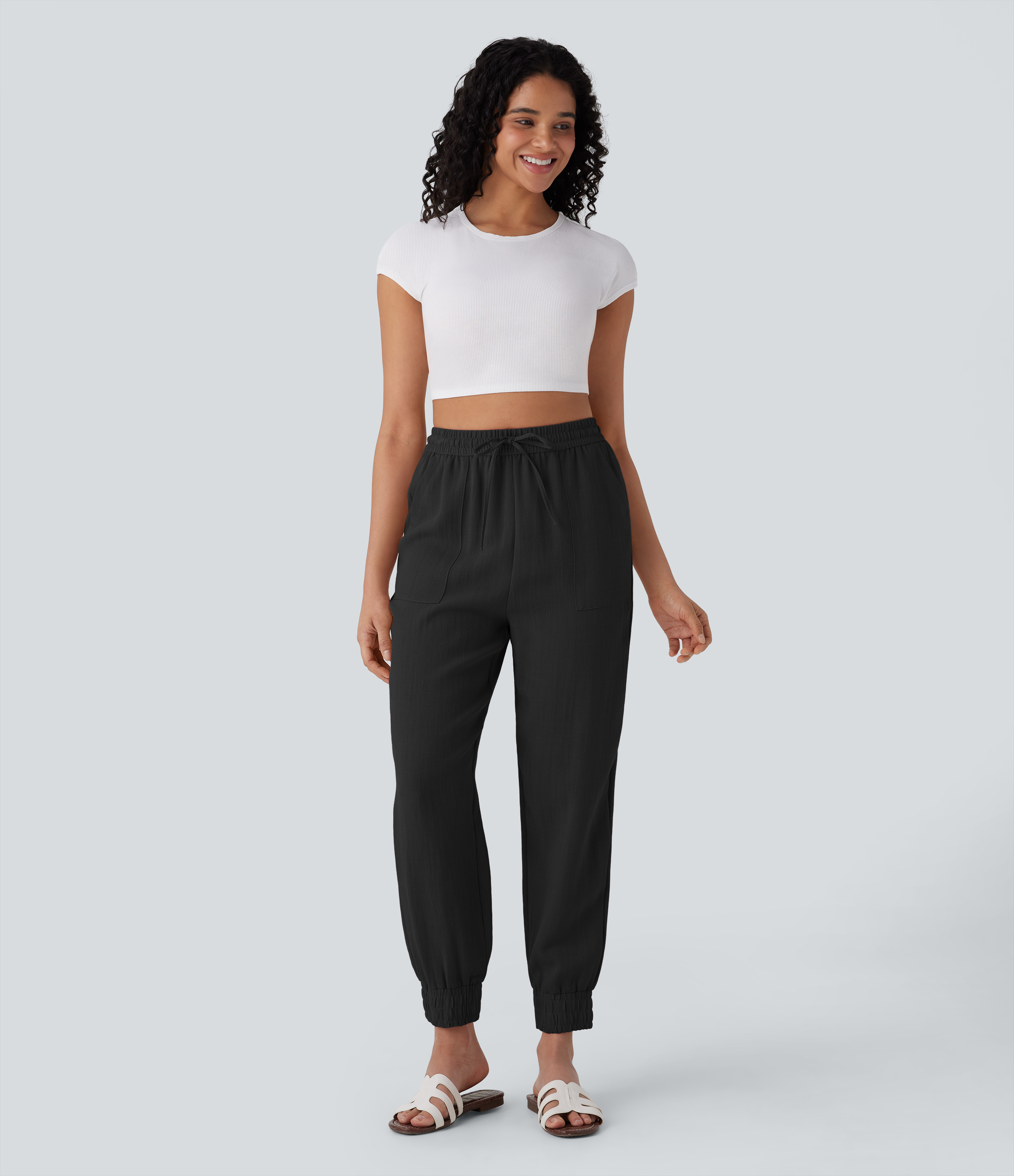 Halara High Waisted Drawstring Side Pocket Casual Linen-Feel Joggers  - Black - M(regular) sweatpants jogger pants stacked sweatpants 