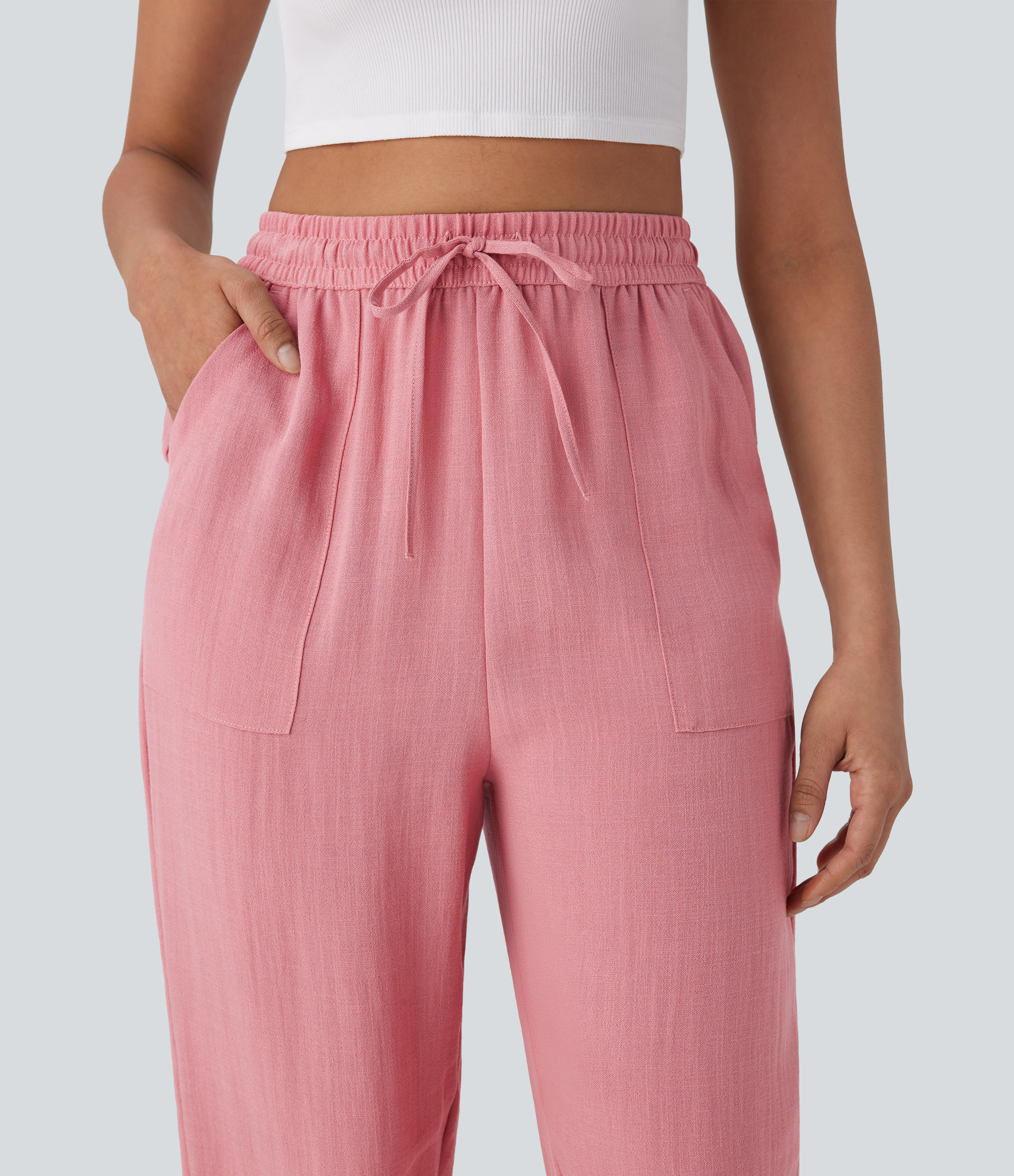 Halara High Waisted Drawstring Side Pocket Casual Linen-Feel Joggers  - Rosette - S(regular) sweatpants jogger pants stacked sweatpants 