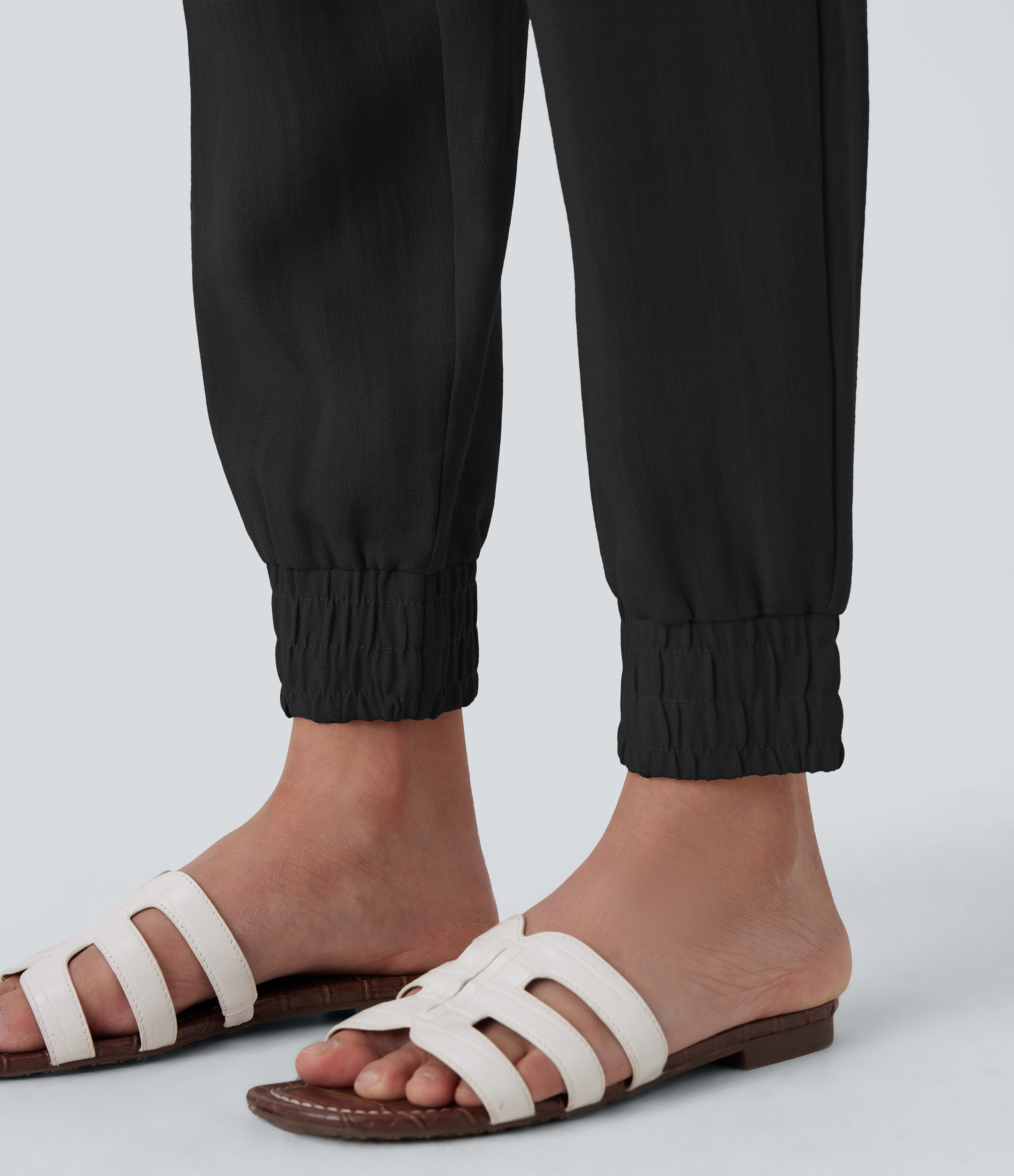 Halara High Waisted Drawstring Side Pocket Casual Linen-Feel Joggers  - Black - M(regular) sweatpants jogger pants stacked sweatpants 