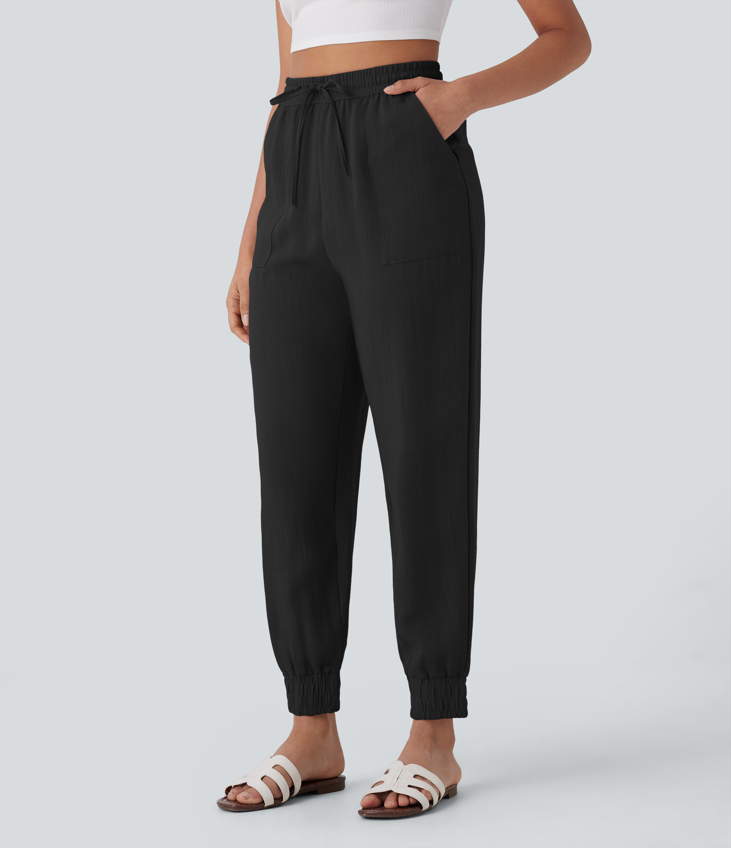 Halara High Waisted Drawstring Side Pocket Casual Linen-Feel Joggers  - Black - M(regular) sweatpants jogger pants stacked sweatpants 