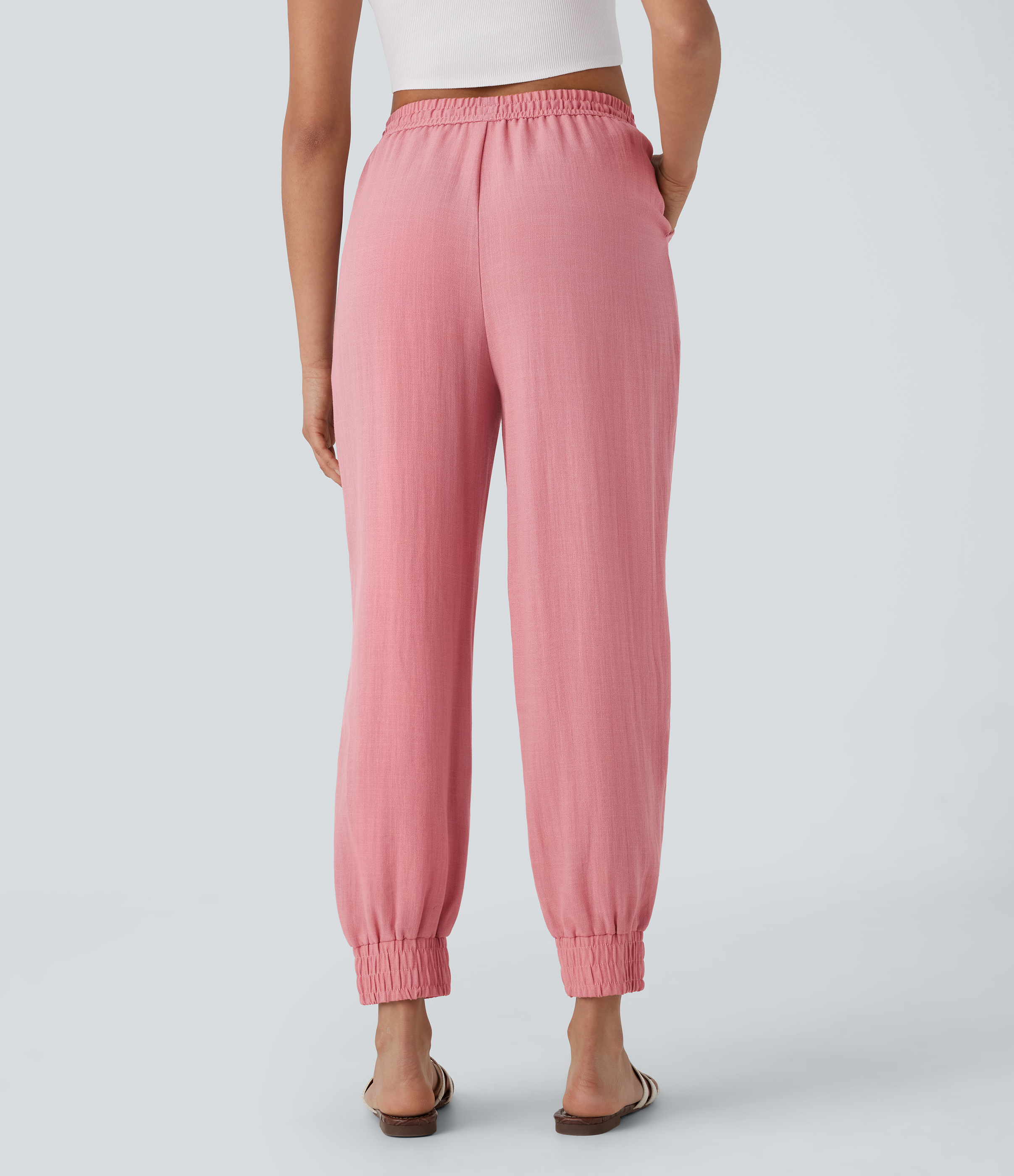 Halara High Waisted Drawstring Side Pocket Casual Linen-Feel Joggers  - Rosette - S(regular) sweatpants jogger pants stacked sweatpants 
