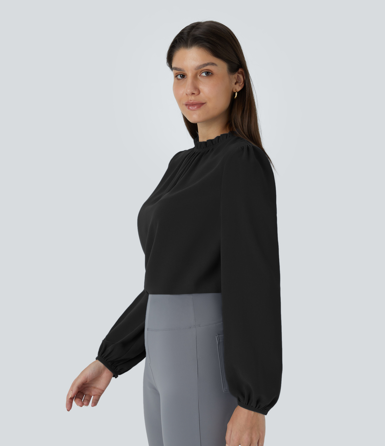 Halara Frill Round Neck Keyhole Back Long Sleeve Work Blouse  - Black - L 