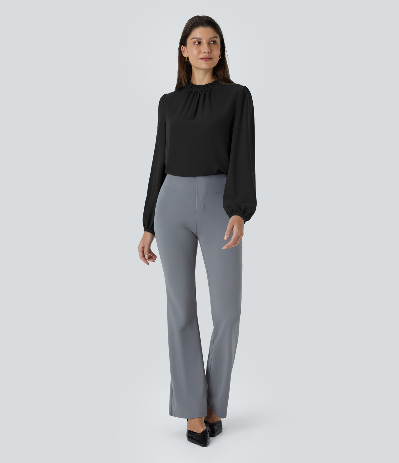 Halara Frill Round Neck Keyhole Back Long Sleeve Work Blouse  - Black - L 