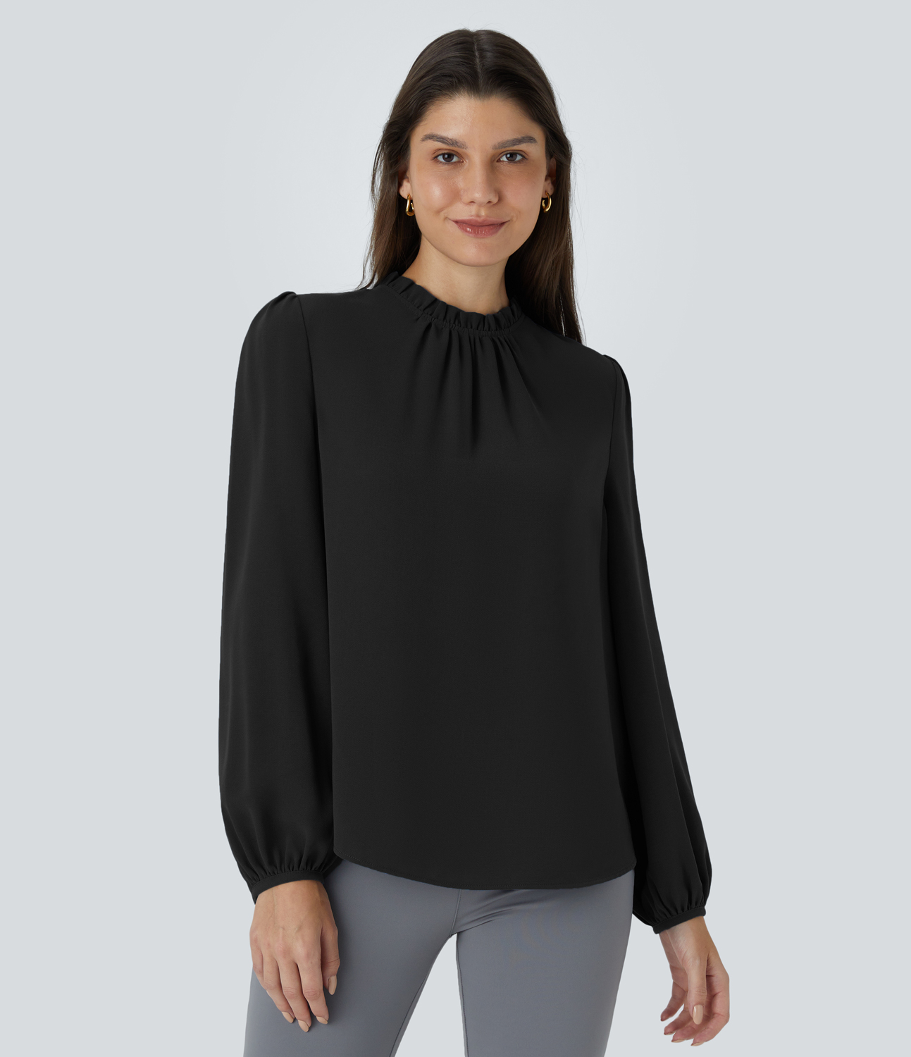 Halara Frill Round Neck Keyhole Back Long Sleeve Work Blouse  - Black - L 