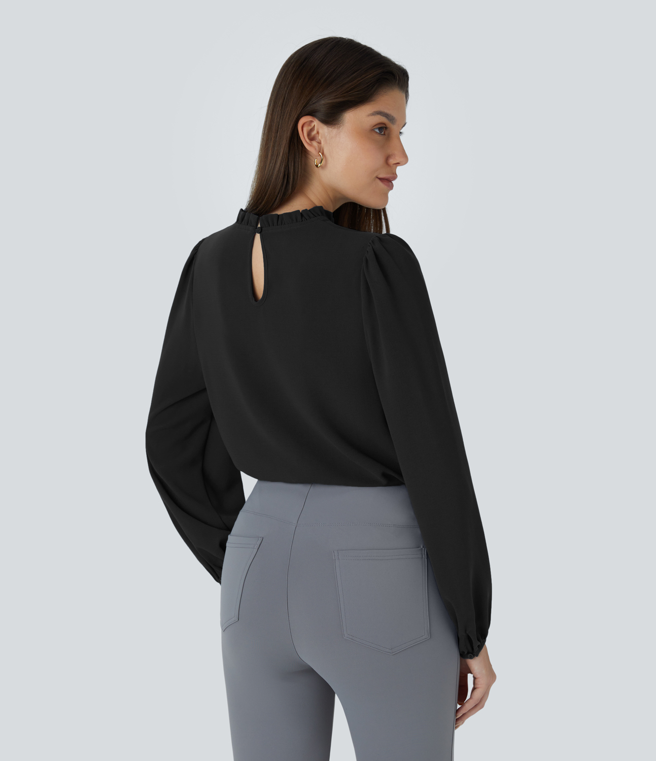 Halara Frill Round Neck Keyhole Back Long Sleeve Work Blouse  - Black - L 