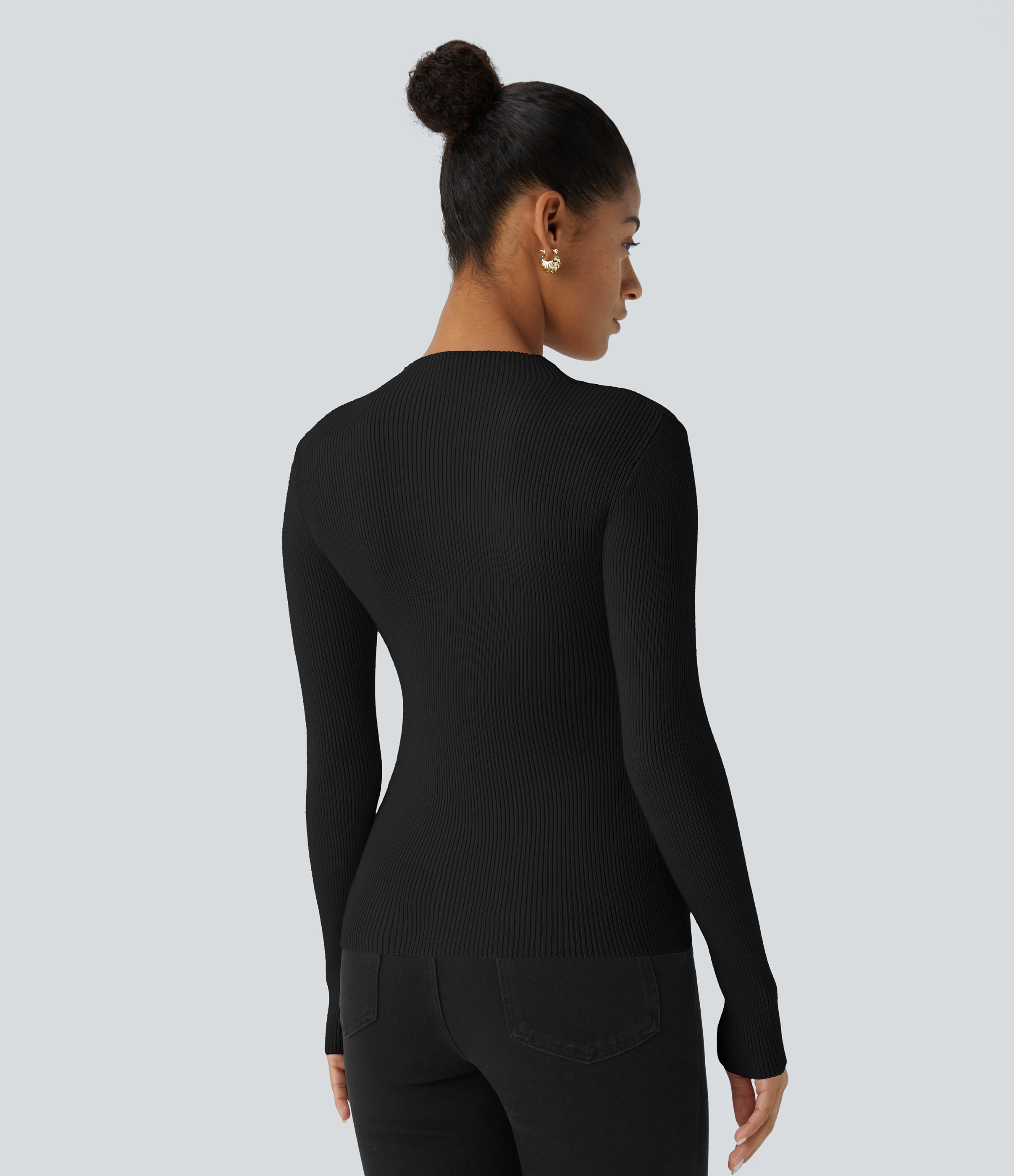 Black Ribbed Knit Round Neck Long Sleeve Casual Sweater / 2