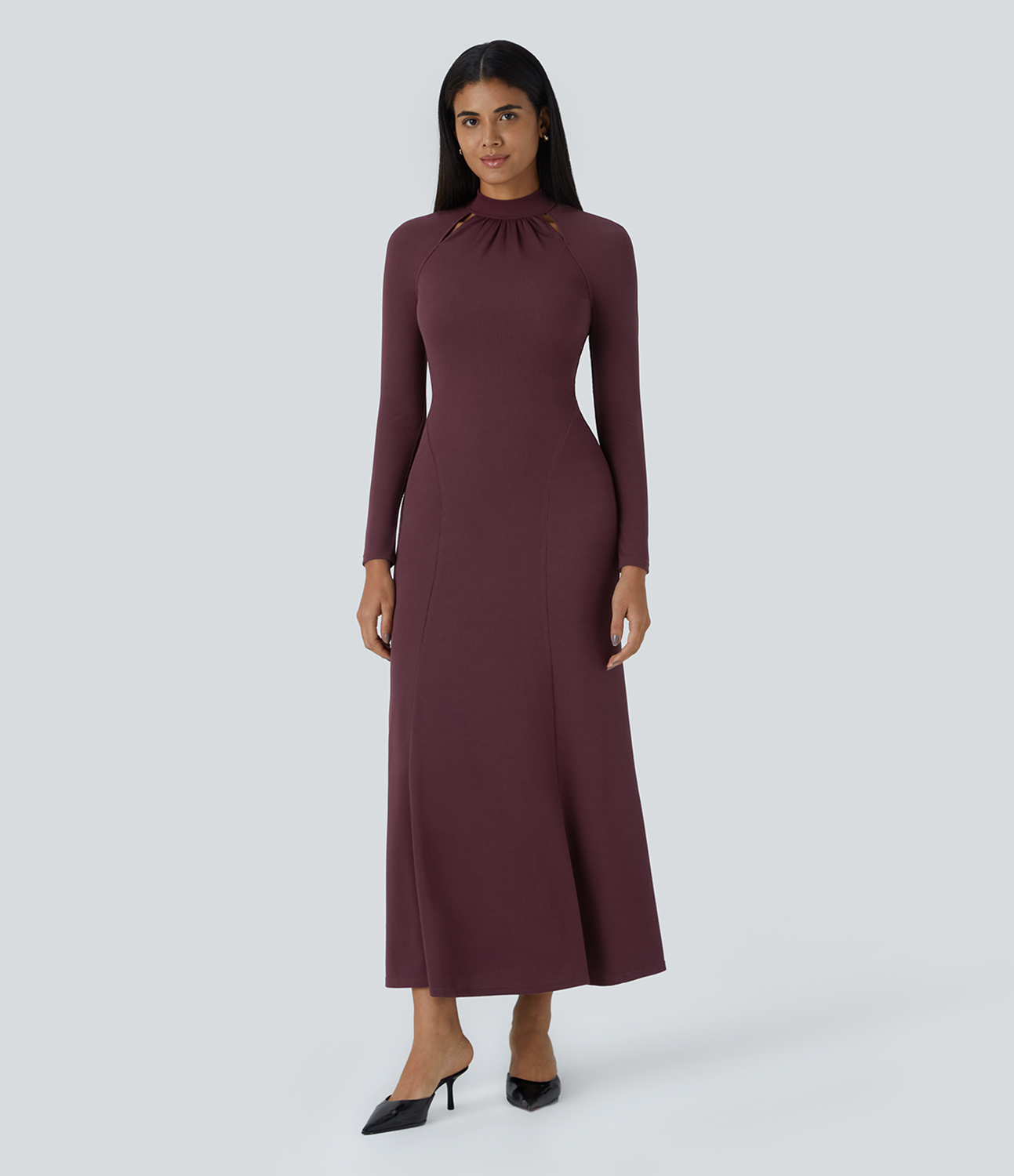 Halara Stand Collar Cut Out Raglan Long Sleeve Maxi Waffle Casual Dress Casual Dress - Evening Red - M slip dress beach dress ruched dress 