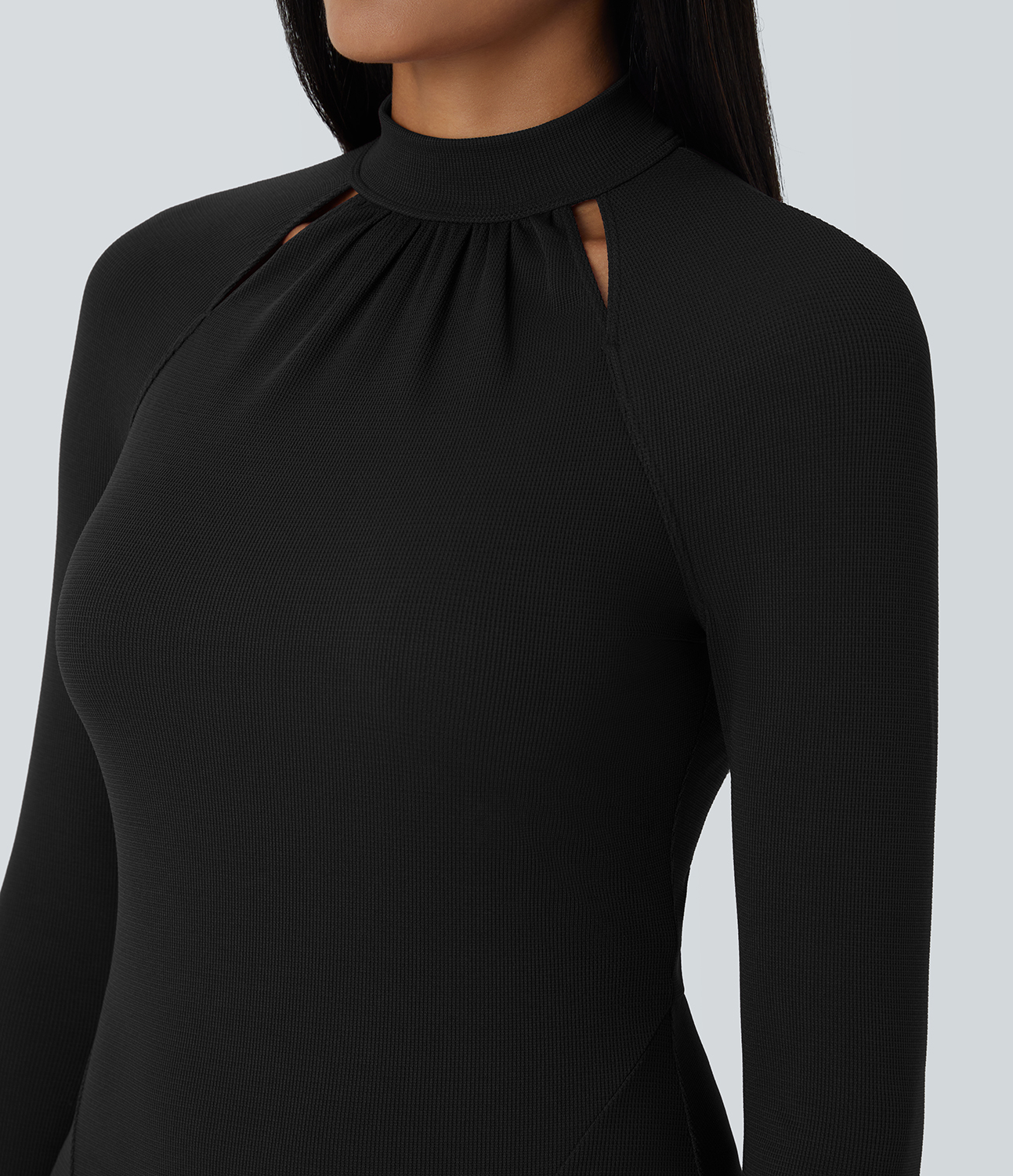 Halara Stand Collar Cut Out Raglan Long Sleeve Maxi Waffle Casual Dress Casual Dress - Black - S slip dress beach dress ruched dress 