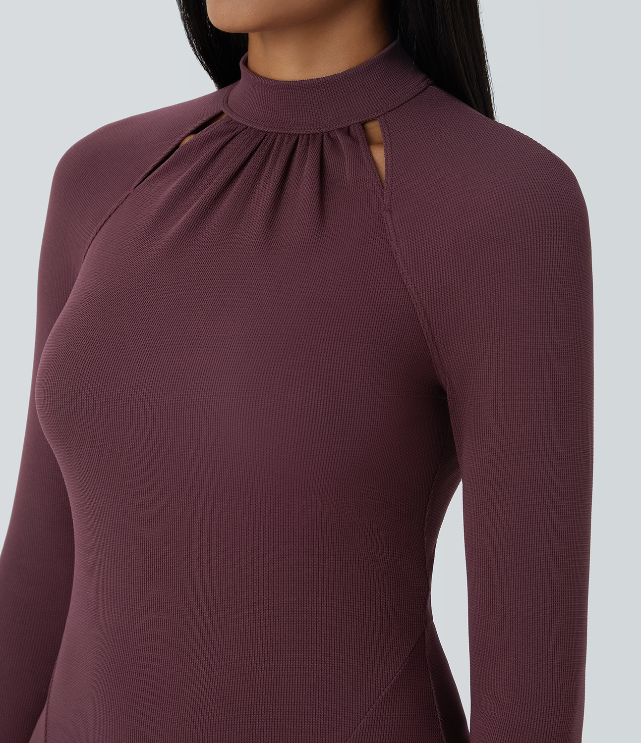 Halara Stand Collar Cut Out Raglan Long Sleeve Maxi Waffle Casual Dress Casual Dress - Evening Red - M slip dress beach dress ruched dress 