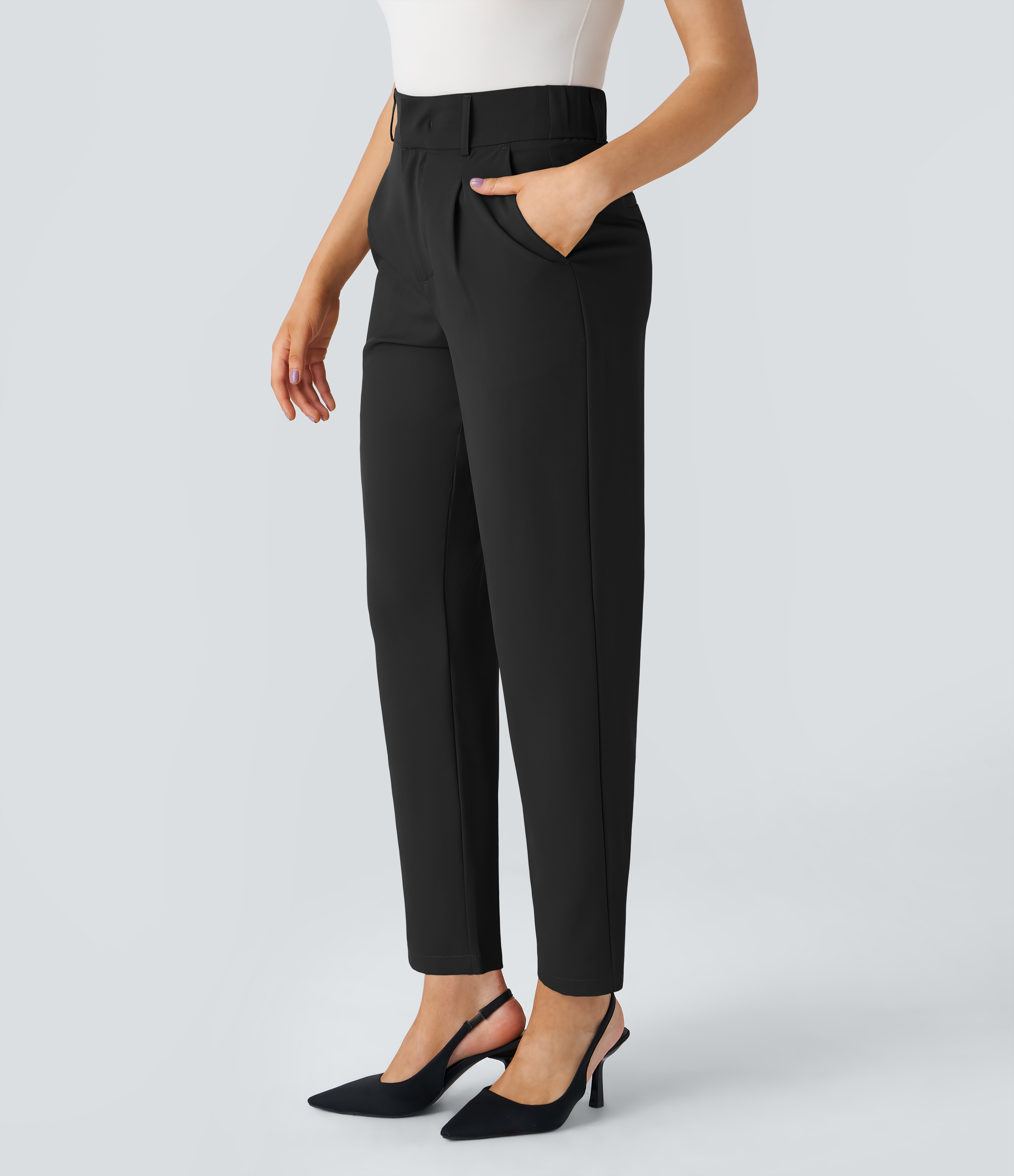 Halara High Waisted Side Pocket Solid Work Tapered Pants  - Black - M(regular) sweatpants jogger pants stacked sweatpants cargo joggers 