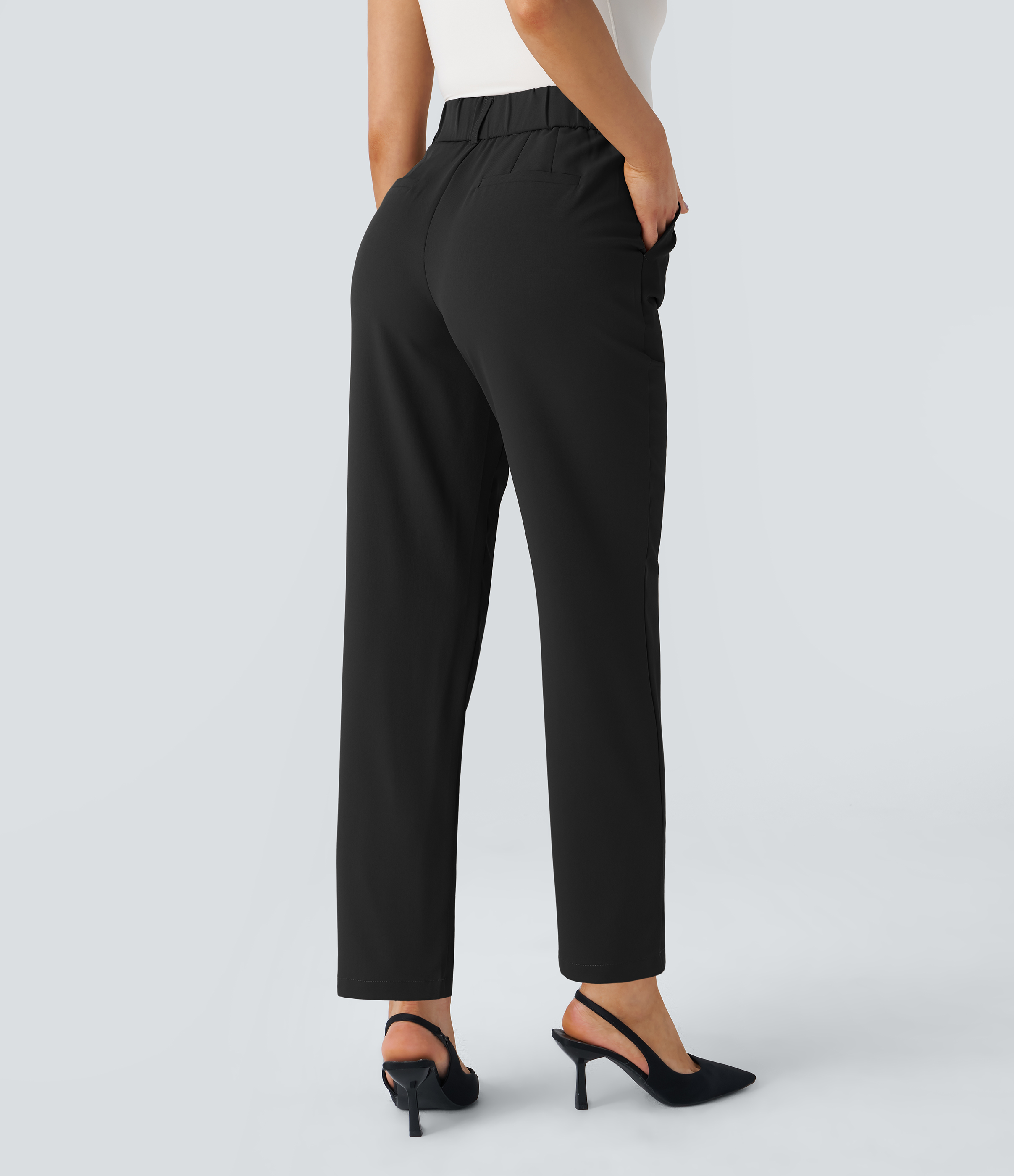 Halara High Waisted Side Pocket Solid Work Tapered Pants  - Black - M(regular) sweatpants jogger pants stacked sweatpants cargo joggers 