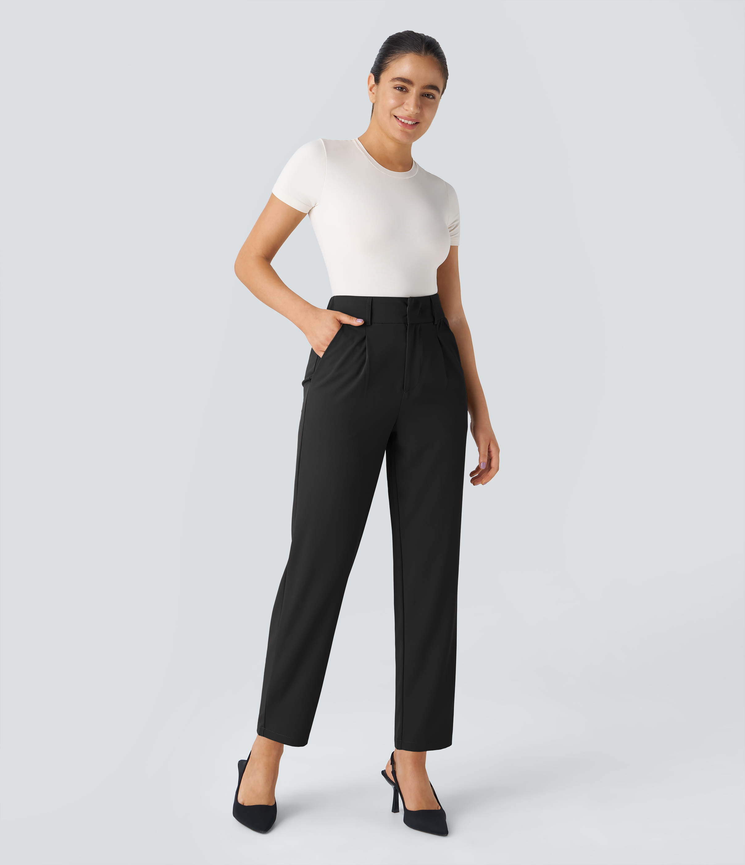 Halara High Waisted Side Pocket Solid Work Tapered Pants  - Black - M(regular) sweatpants jogger pants stacked sweatpants cargo joggers 