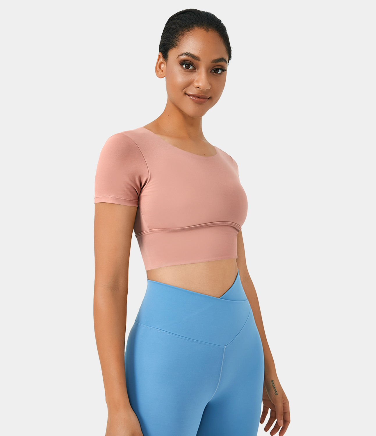 Halara Round Neck Short Sleeve Backless Crisscross Cropped Sports Top  - Granite Rose - S 