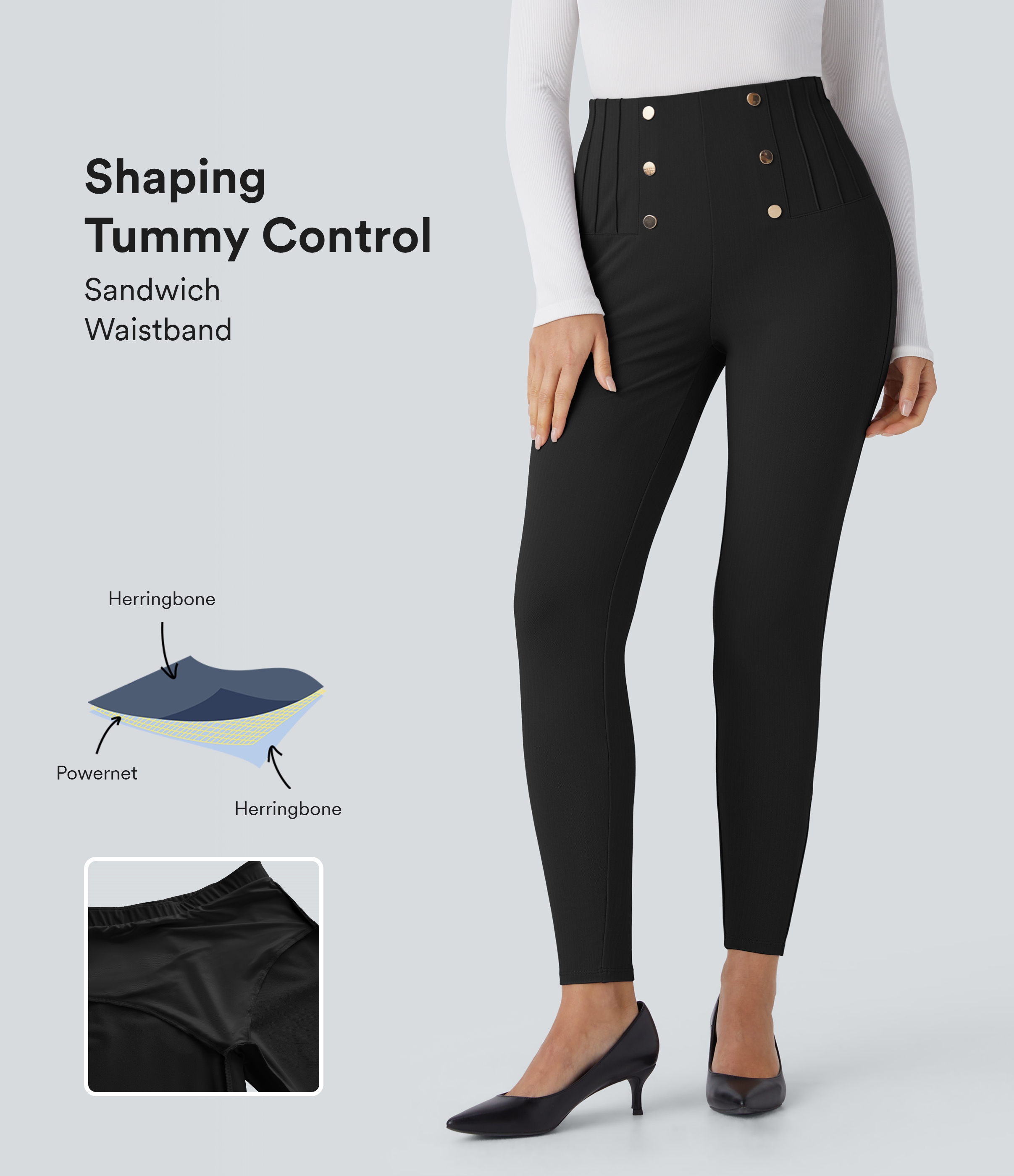 Halara SoCinched High Waisted Tummy Control Decorative Button Back Zipper Pockets Herringbone Work Leggings  - Black - XS(7/8) gym leggings 