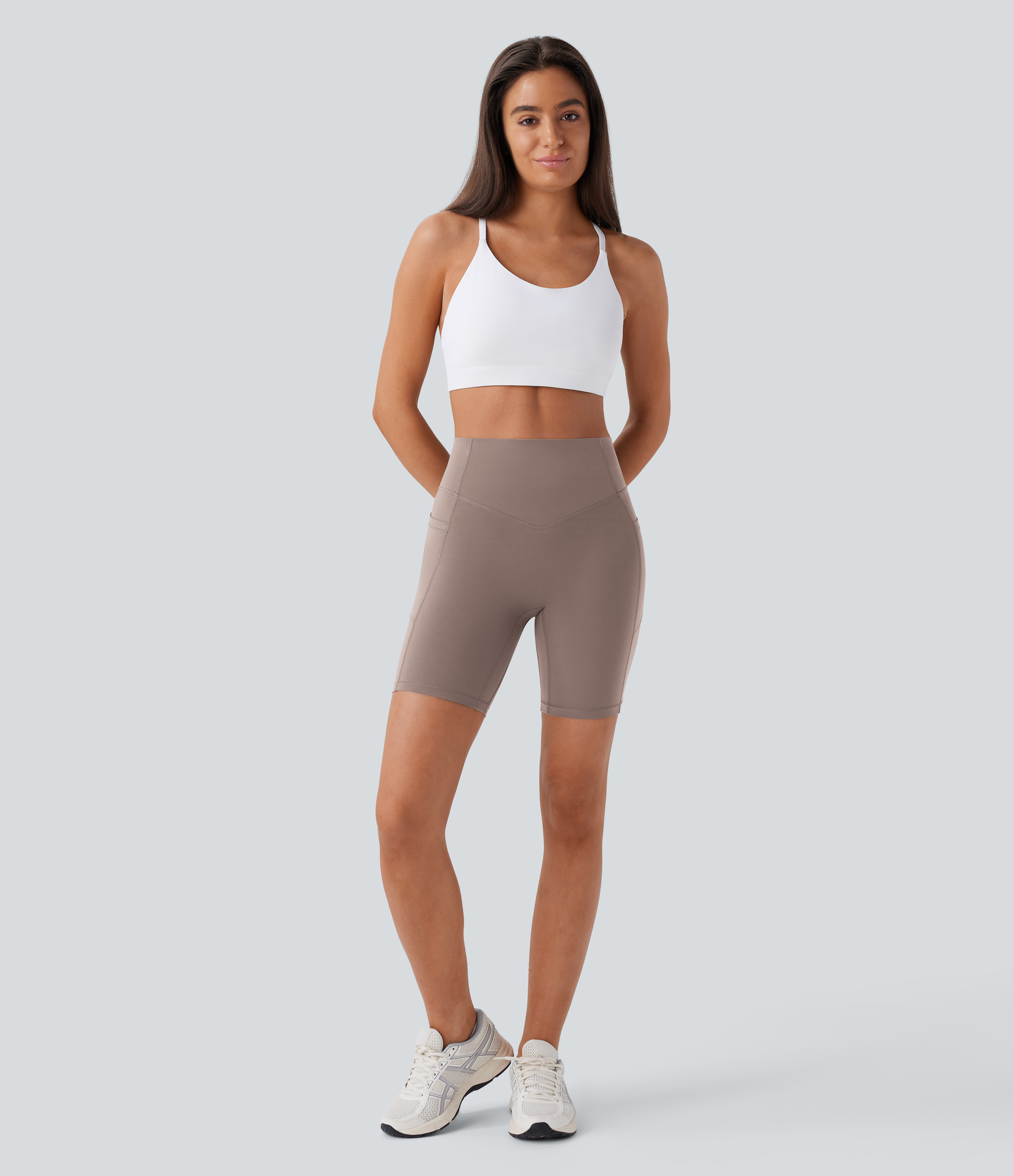 Halara SoCinched High Waisted Scrunch Butt Lifting Tummy Control Side Pocket Shaping Workout UltraSculpt Biker Shorts 7``  - Dawn Brown - S 