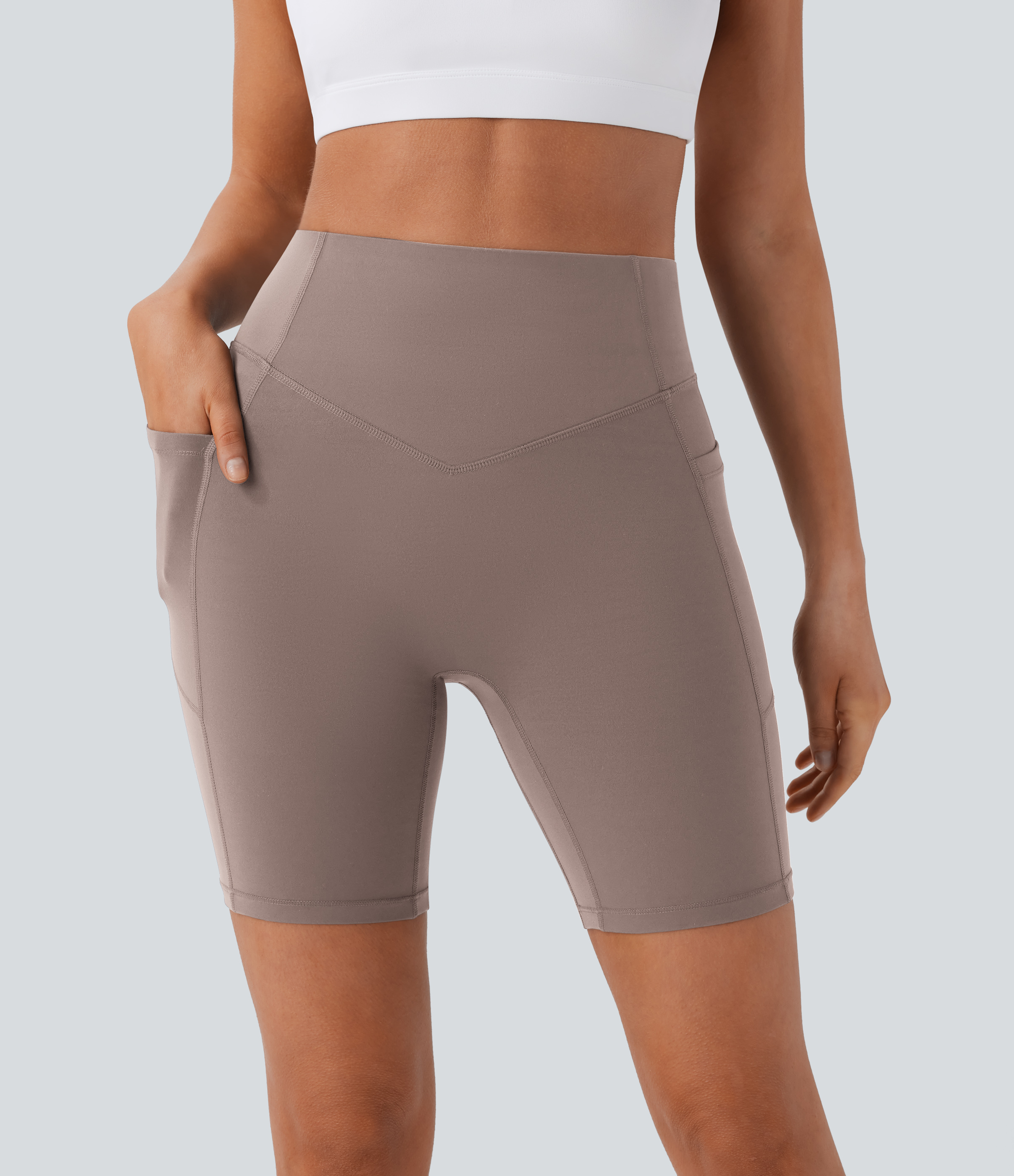 Halara SoCinched High Waisted Scrunch Butt Lifting Tummy Control Side Pocket Shaping Workout UltraSculpt Biker Shorts 7``  - Dawn Brown - S 
