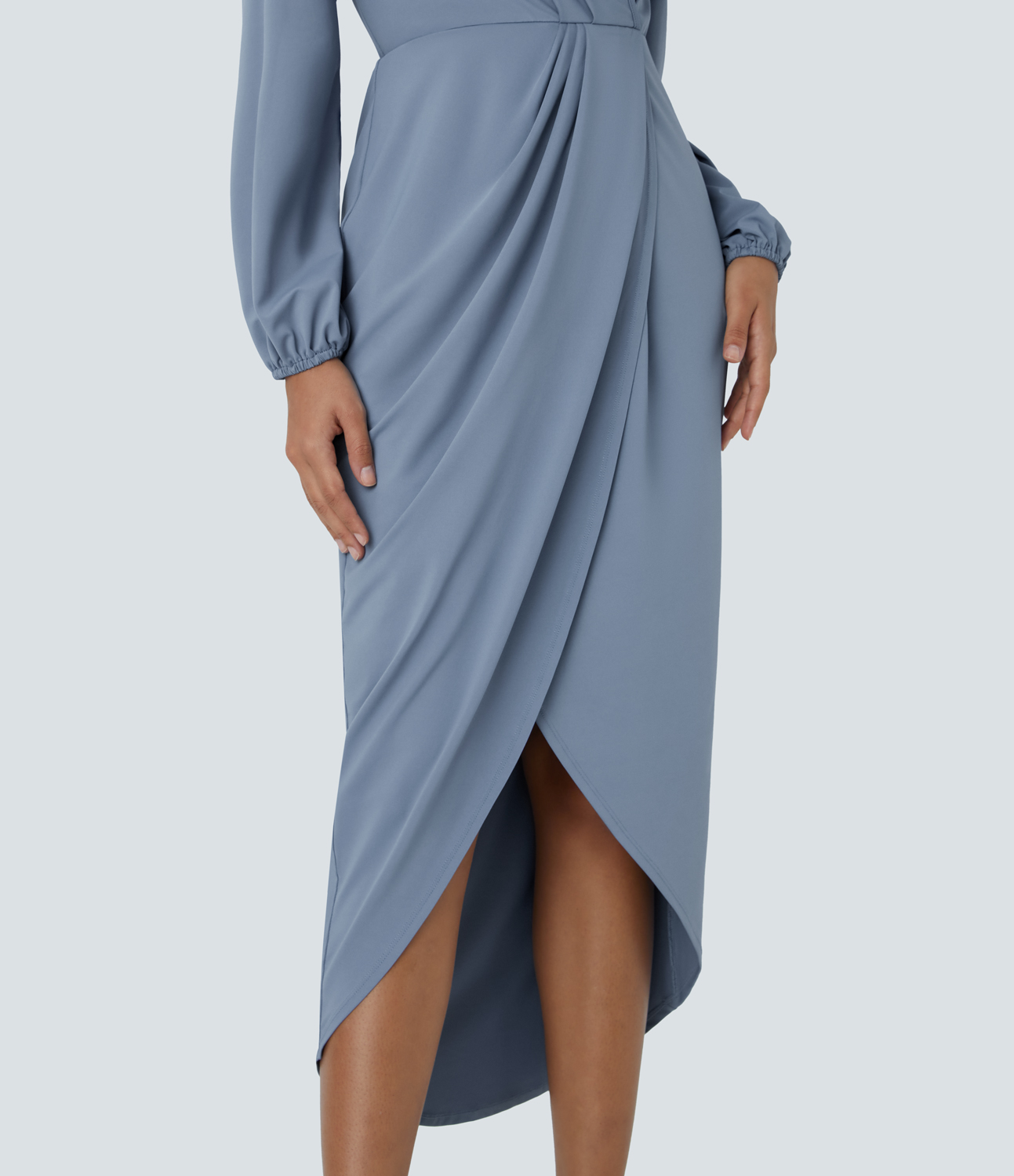 Halara V Neck Long Sleeve Plicated Tulip Hem Midi Party Dress Casual Dress - Rain Washed - XS slip dress beach dress ruched dress 